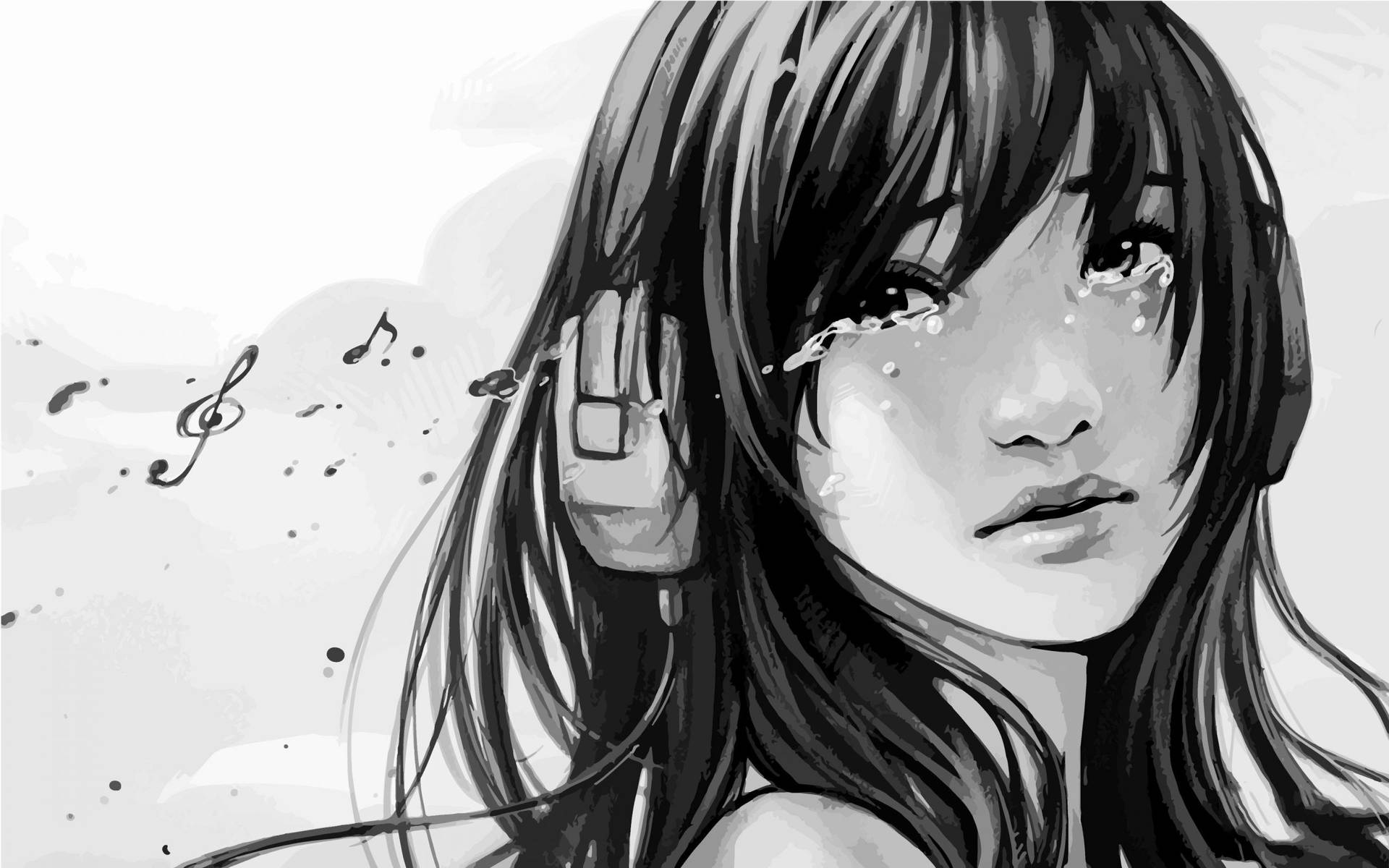 Anime Girl Sad Alone Black And White Headphones Background