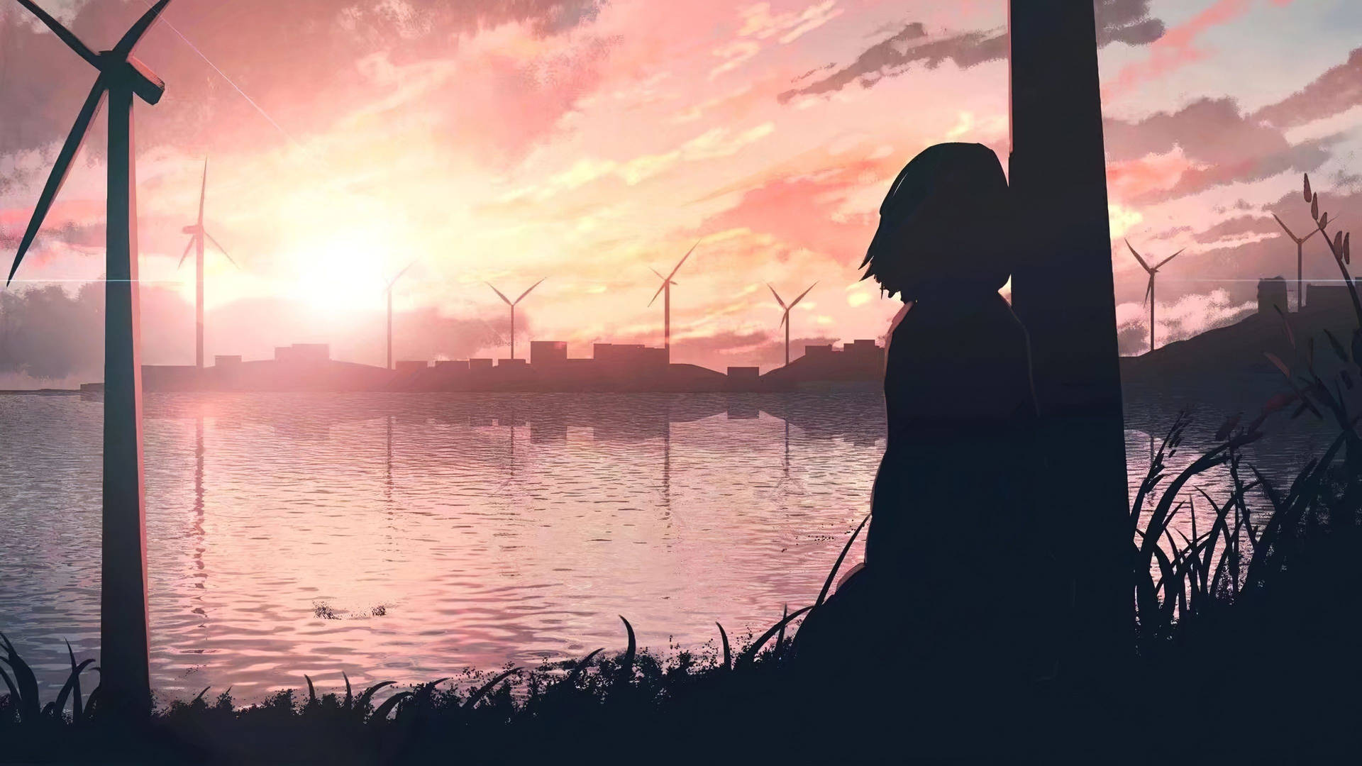 Anime Girl Sad Alone By Lake With Windmills Background