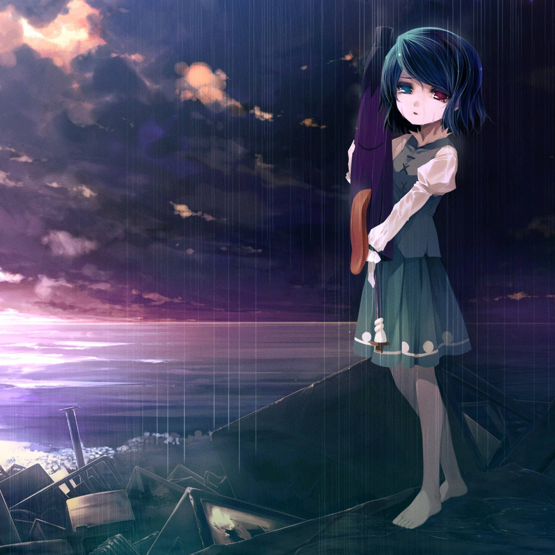 Anime Girl Sad Alone By The Ocean Background