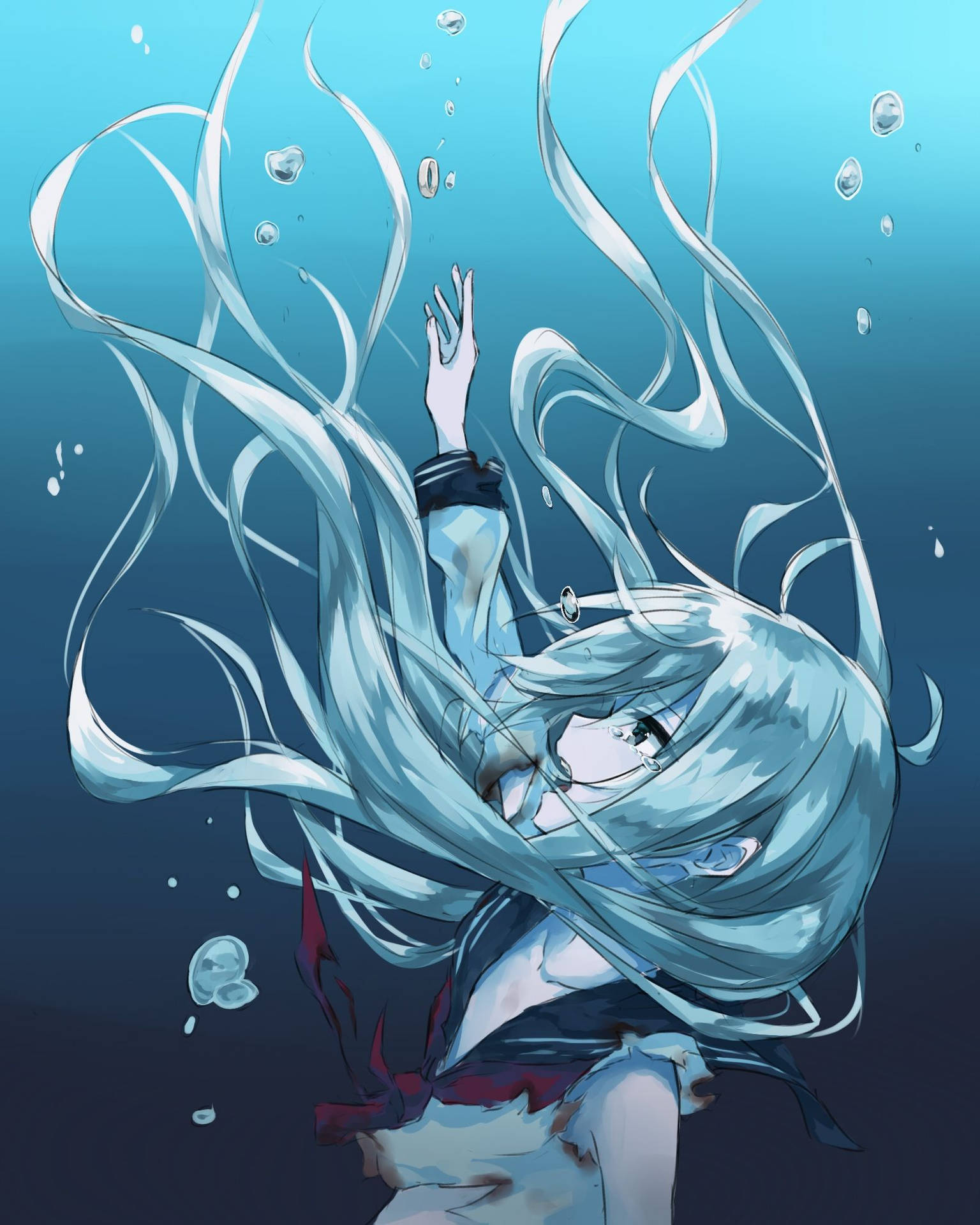Anime Girl Sad Alone Drowning In Water Background