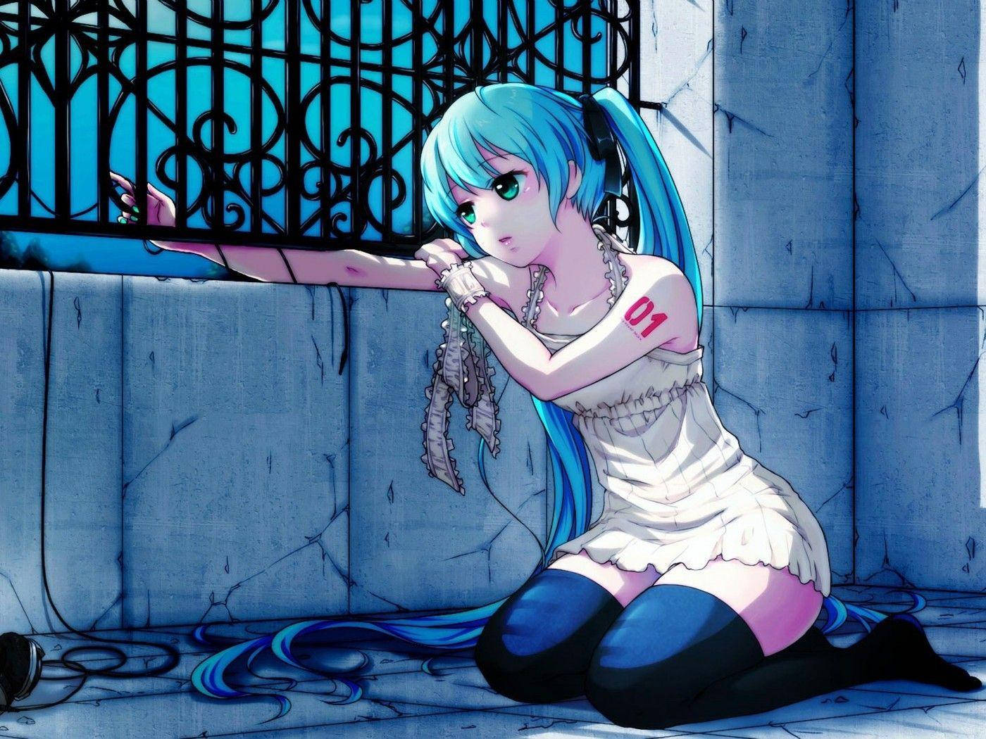 Anime Girl Sad Alone Hatsune Miku On Railing Background