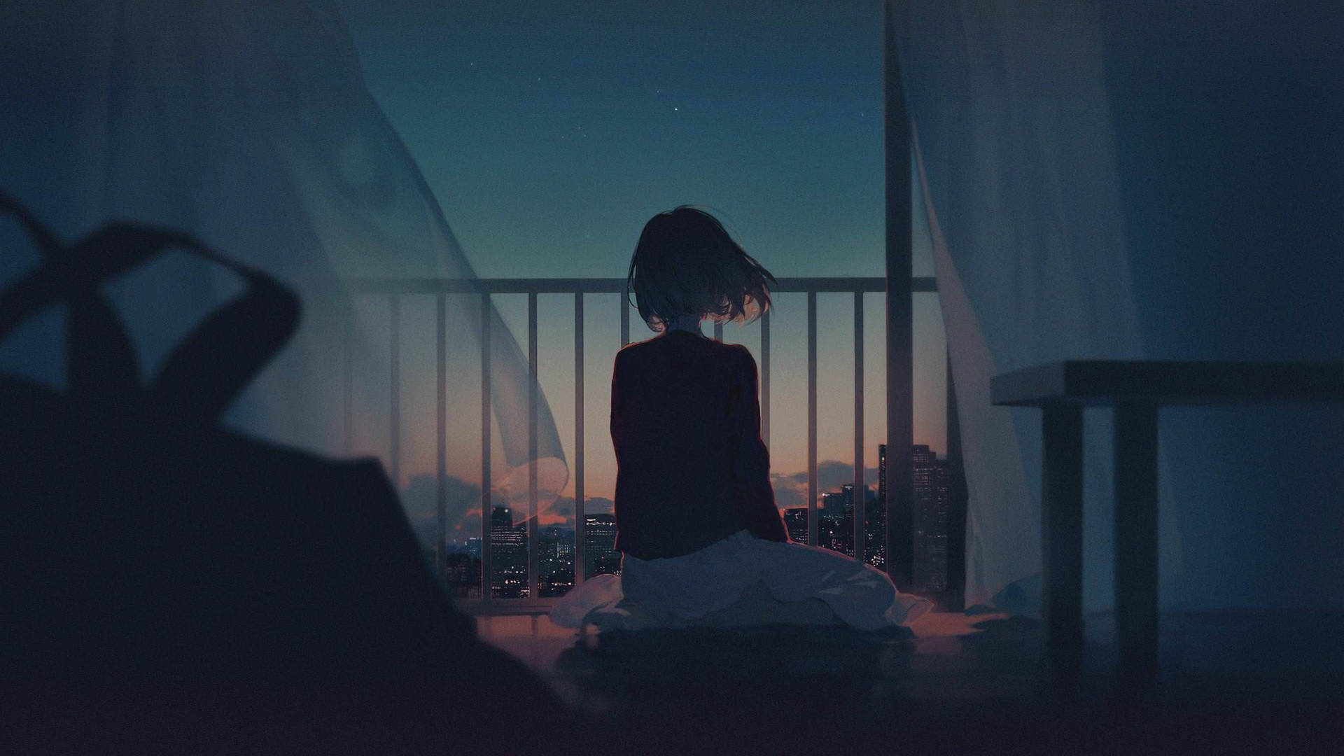 Anime Girl Sad Alone In Balcony At Dusk Background