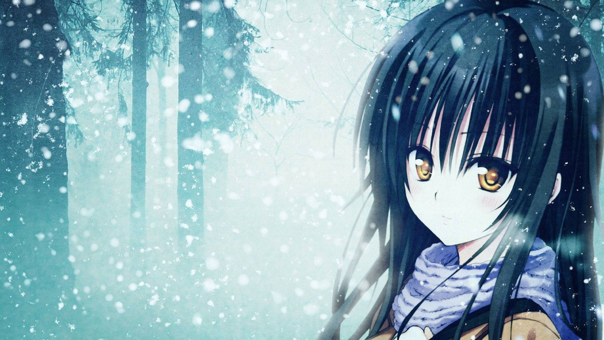 Anime Girl Sad Alone In Snowy Forest Background