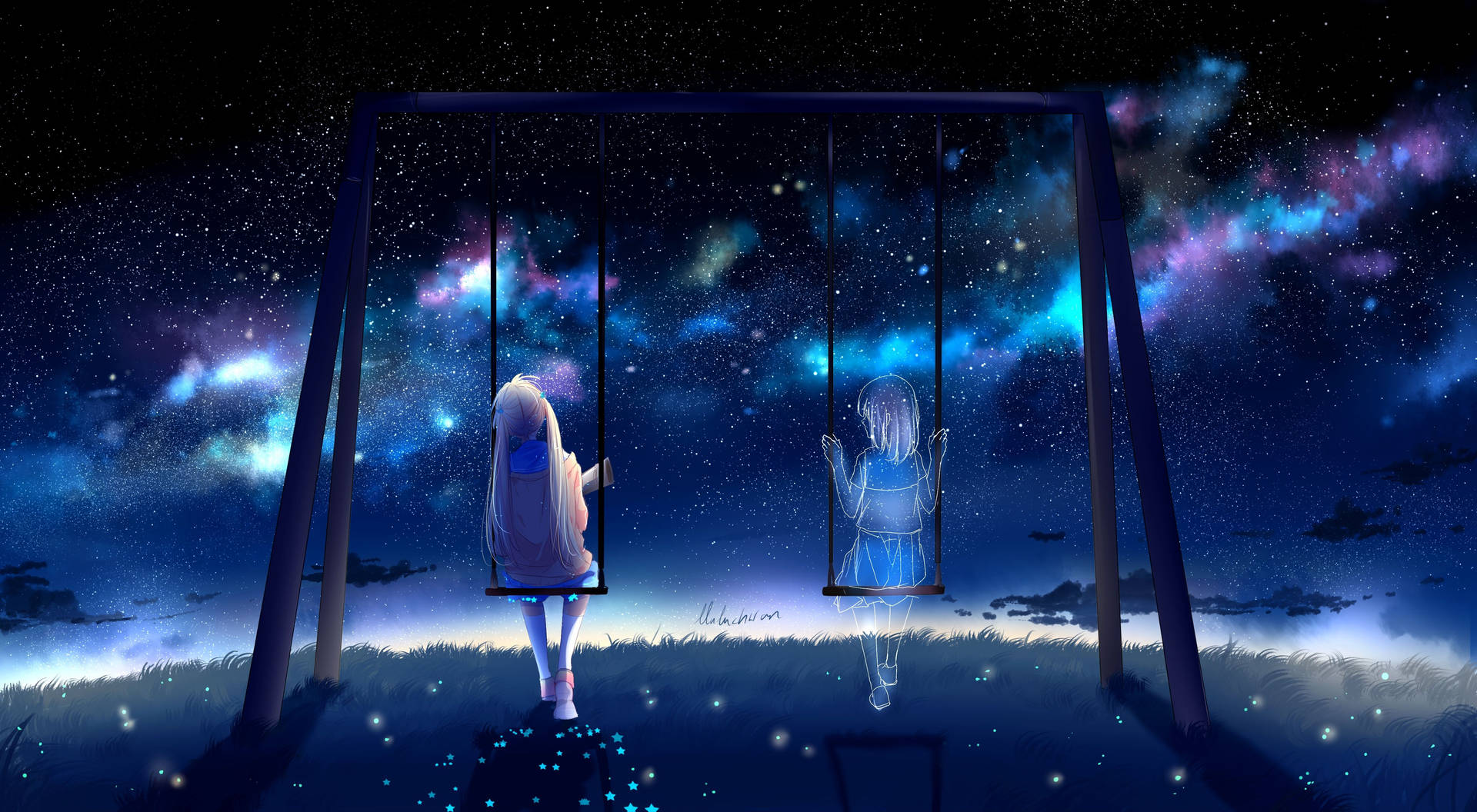 Anime Girl Sad Alone In Swing With Ghost Background