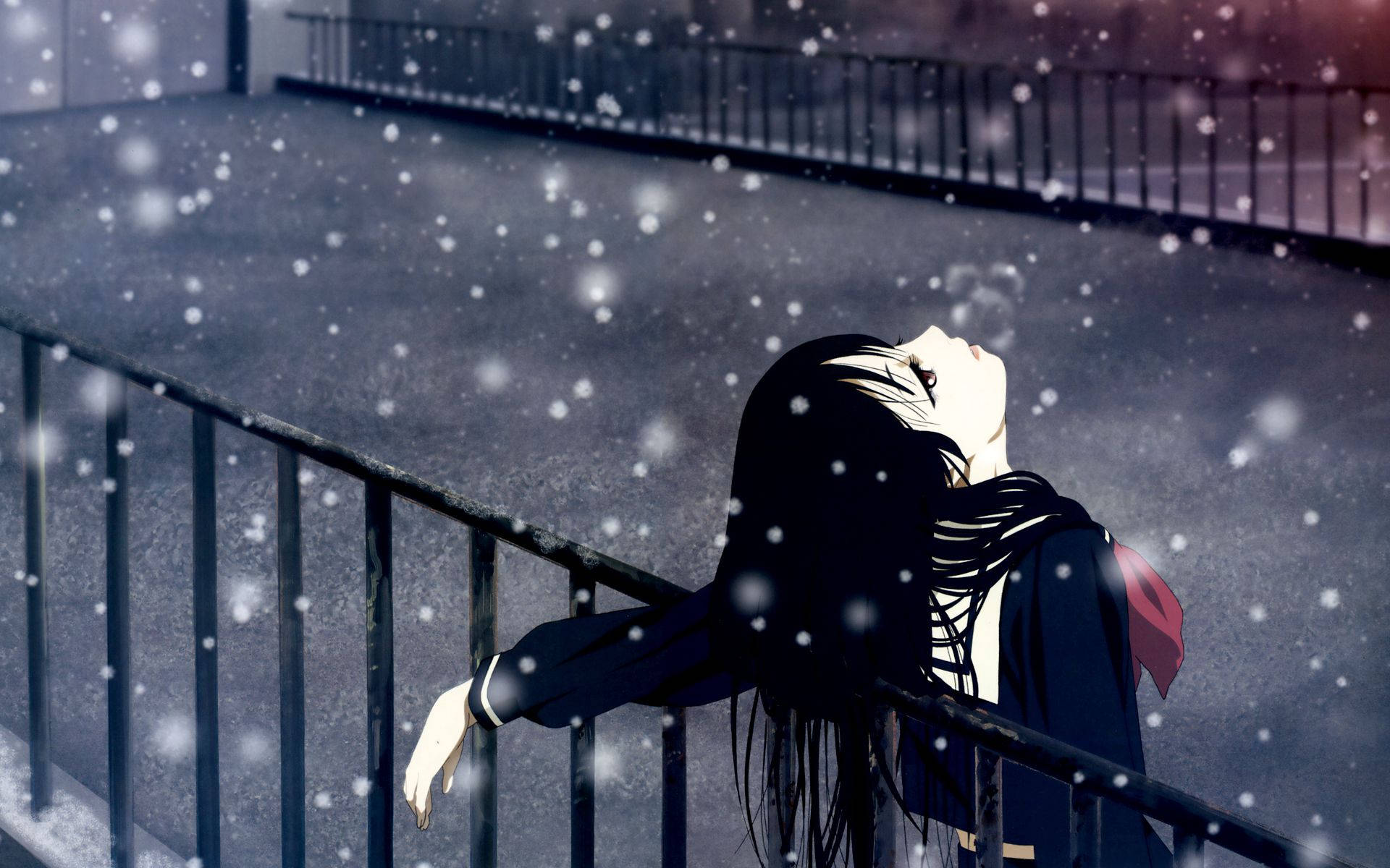 Anime Girl Sad Alone Leaning On Railing Snowing