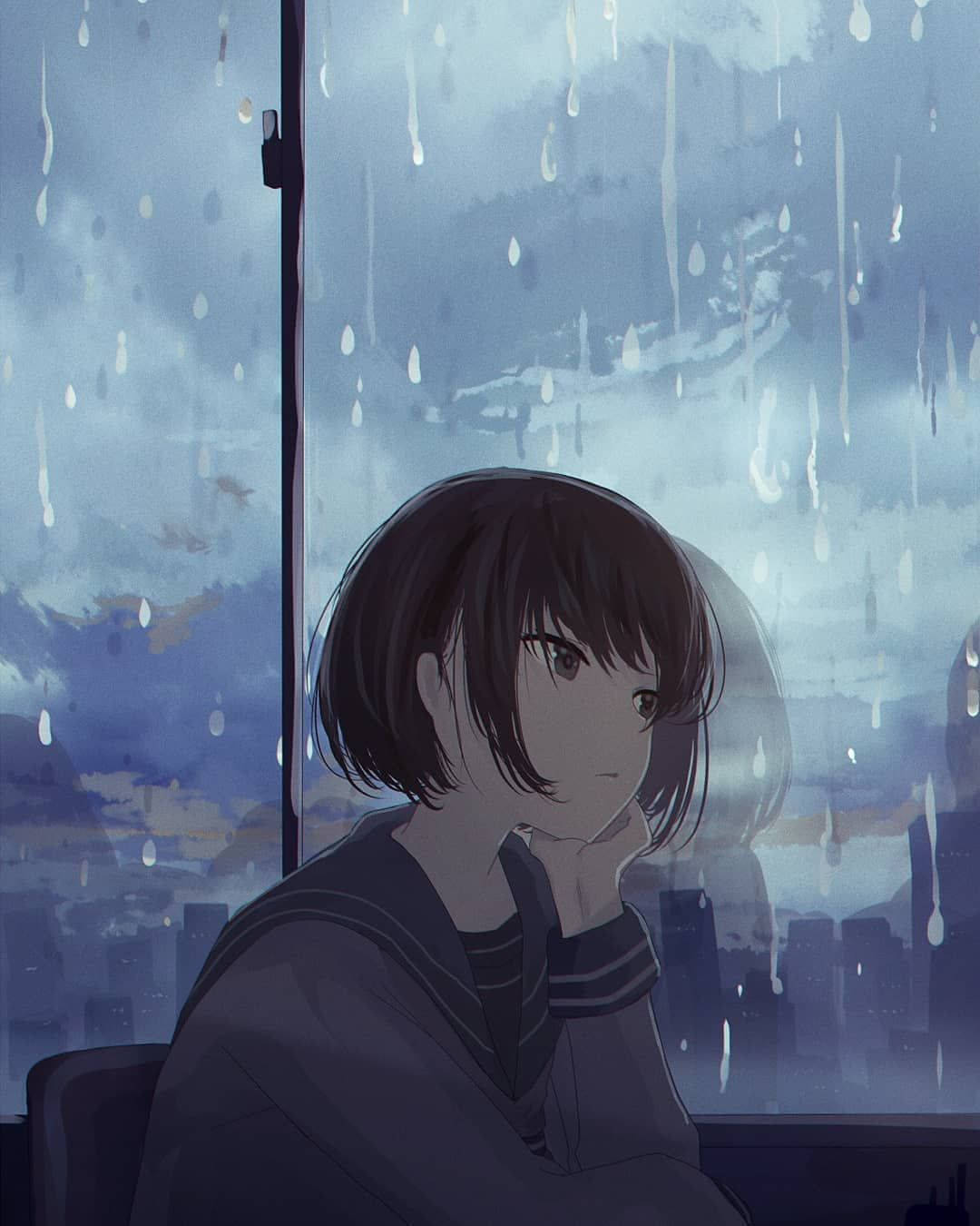 Anime Girl Sad Alone Leaning On Window Raining Background