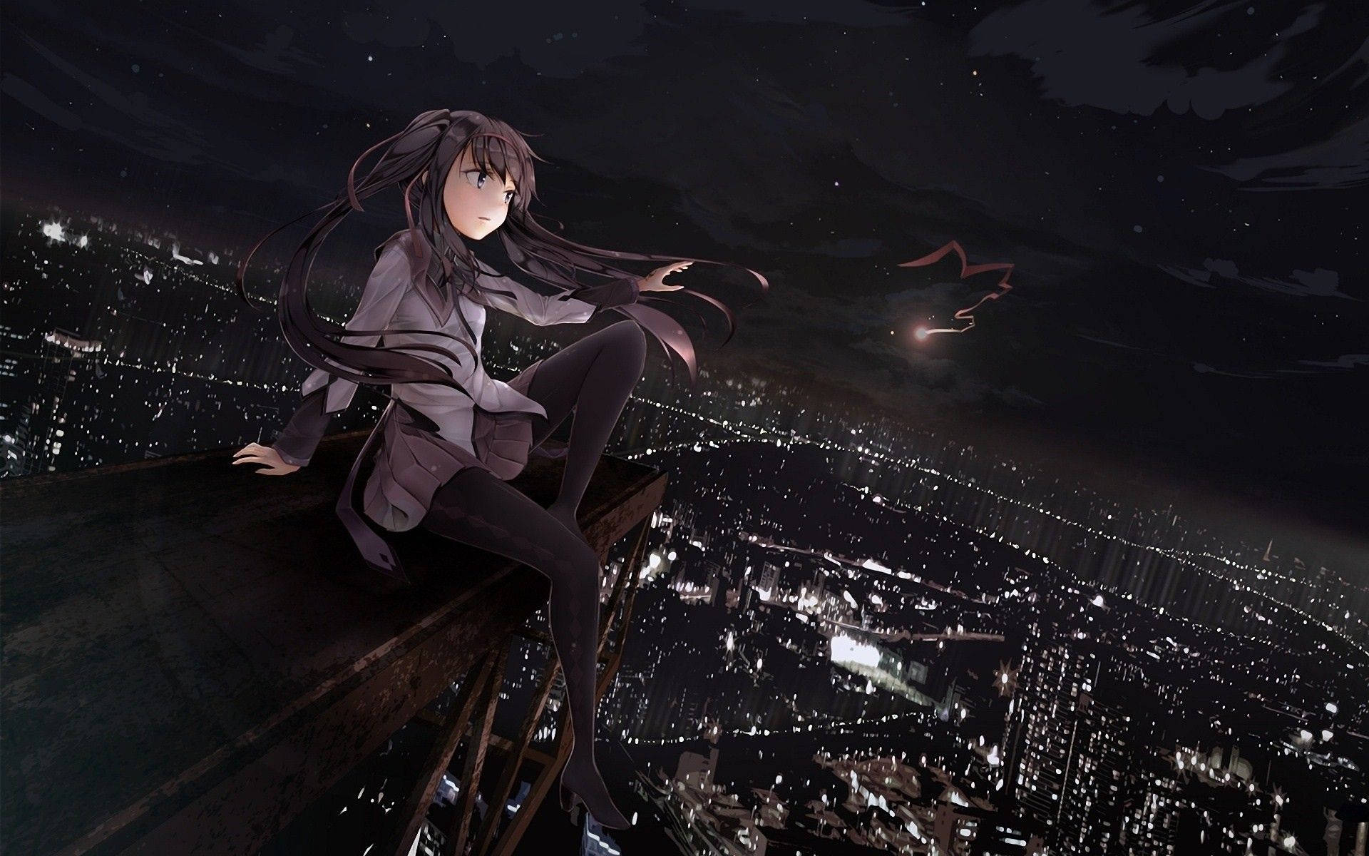 Anime Girl Sad Alone On Ledge City View Background