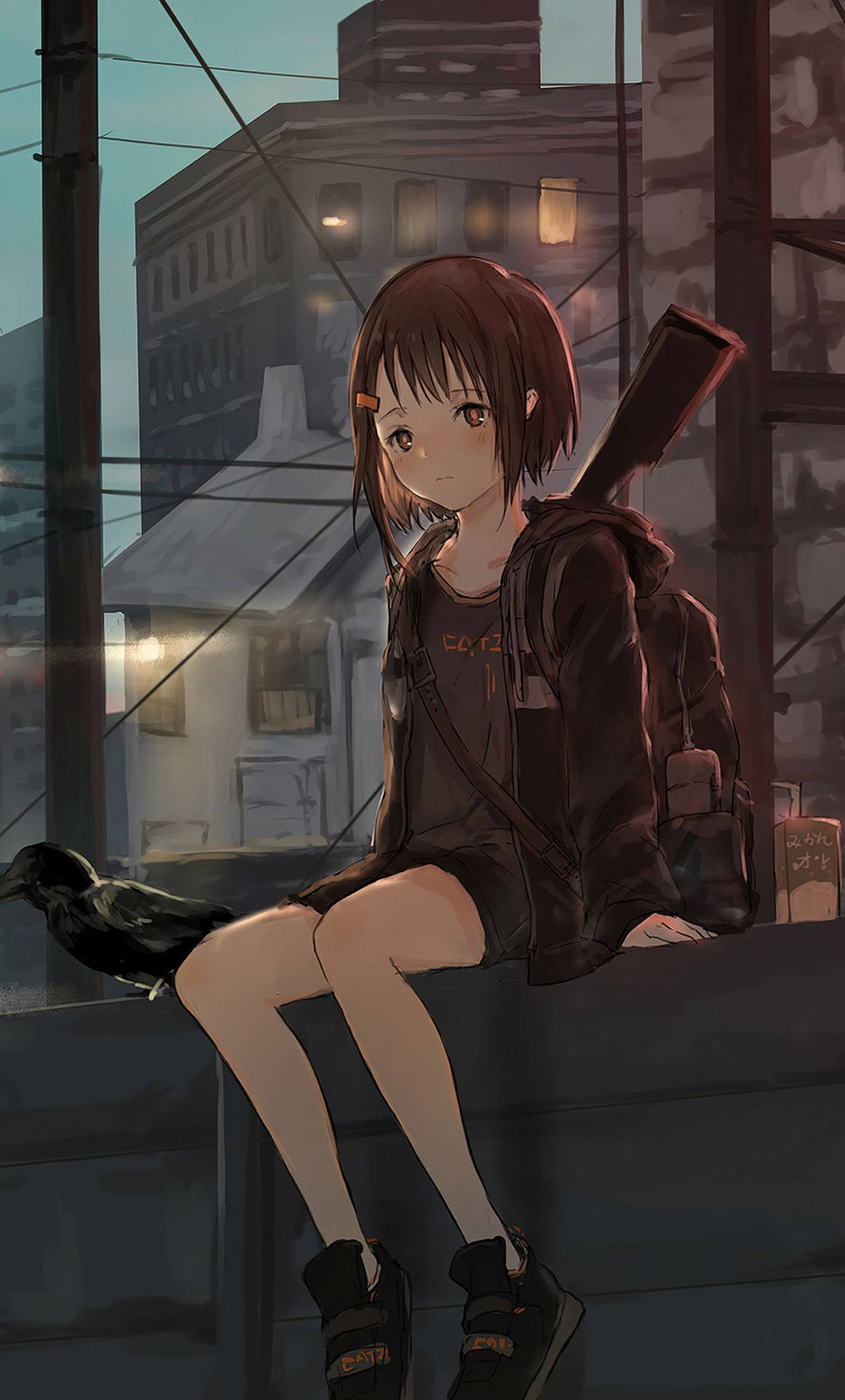 Anime Girl Sad Alone On Ledge Background