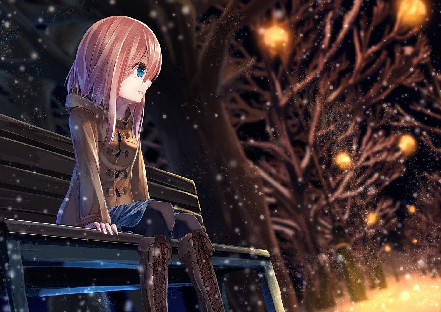 Anime Girl Sad Alone On Park Bench Background