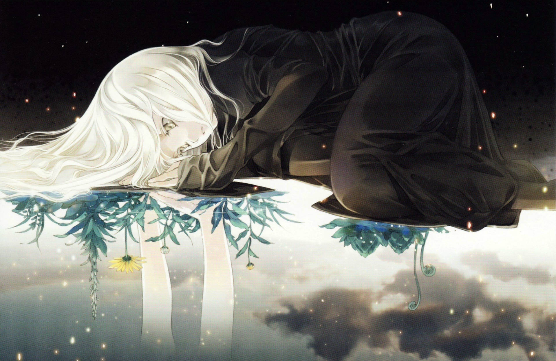 Anime Girl Sad Alone On Reflective Water Background