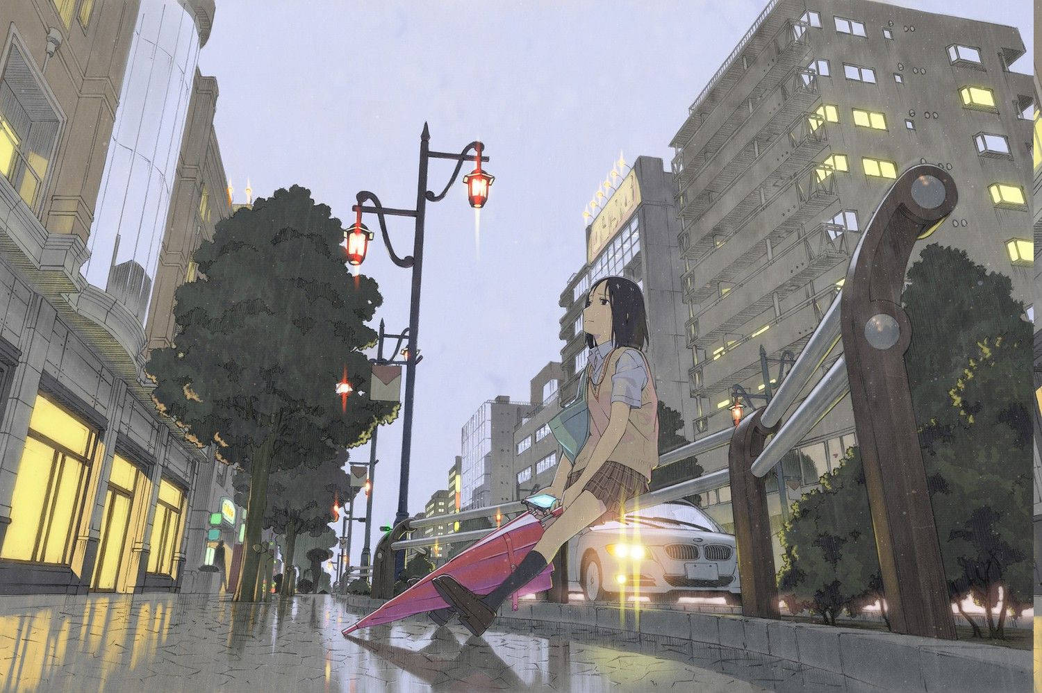 Anime Girl Sad Alone On Sidewalk Raining Background