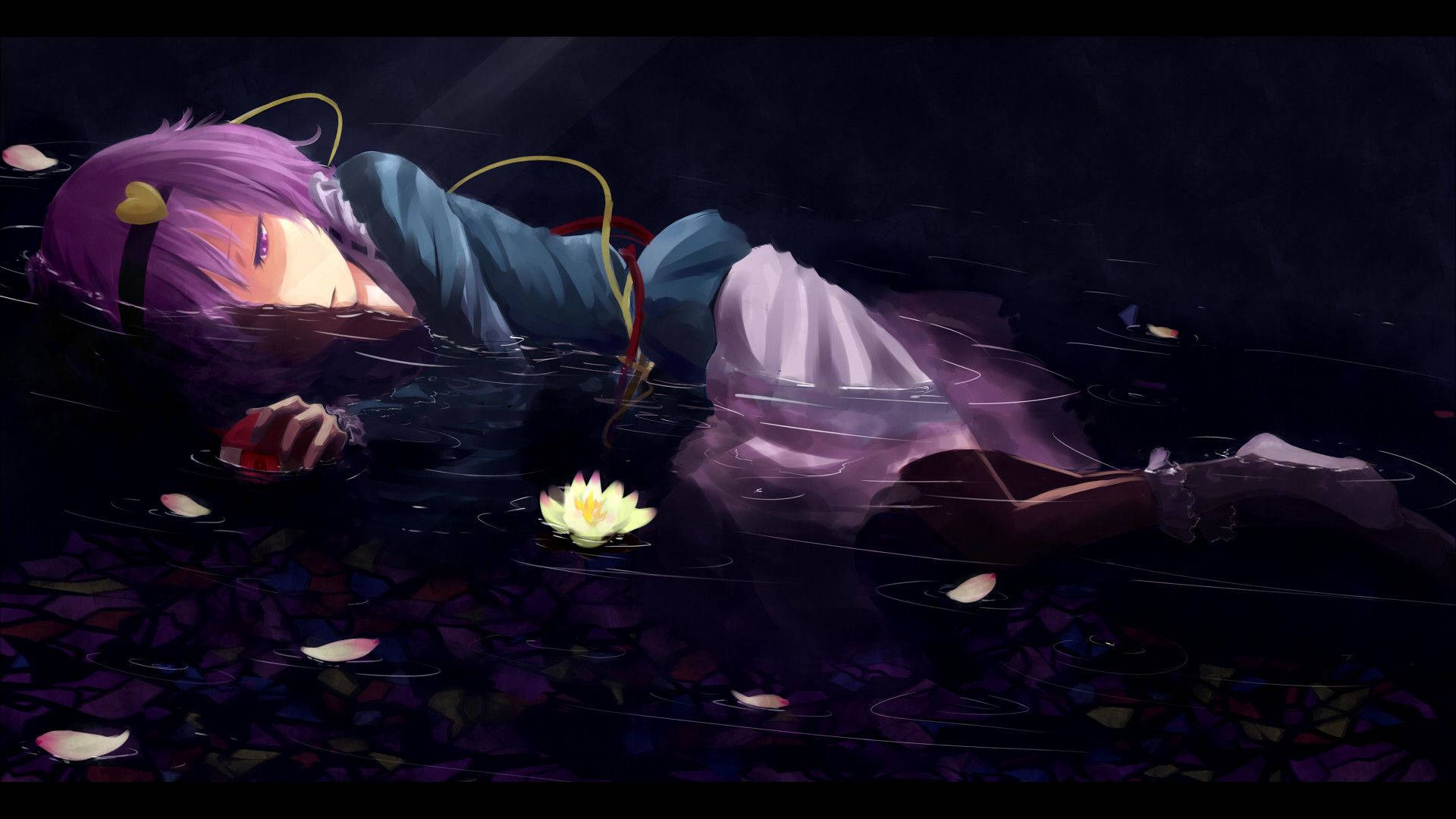 Anime Girl Sad Alone On Water With Flowers Background