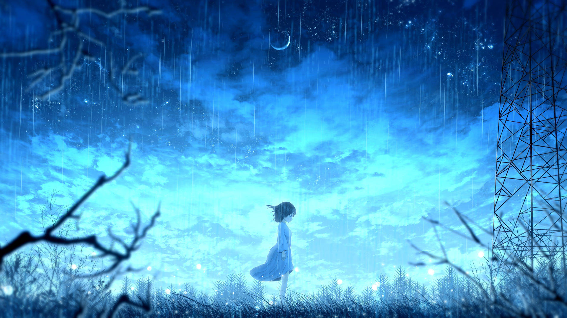 Anime Girl Sad Alone Raining On Field