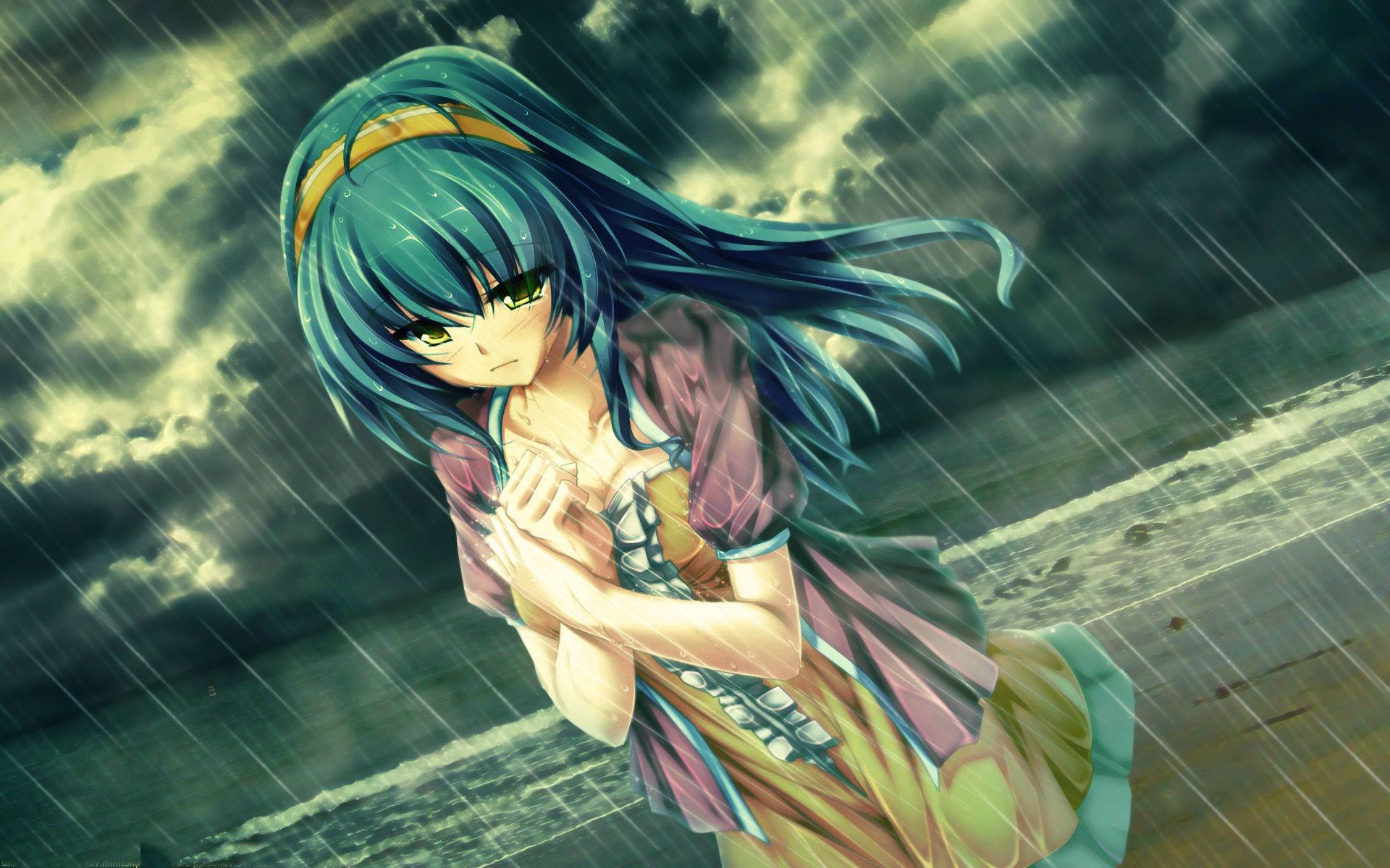 Anime Girl Sad Alone Rainy Beach Background