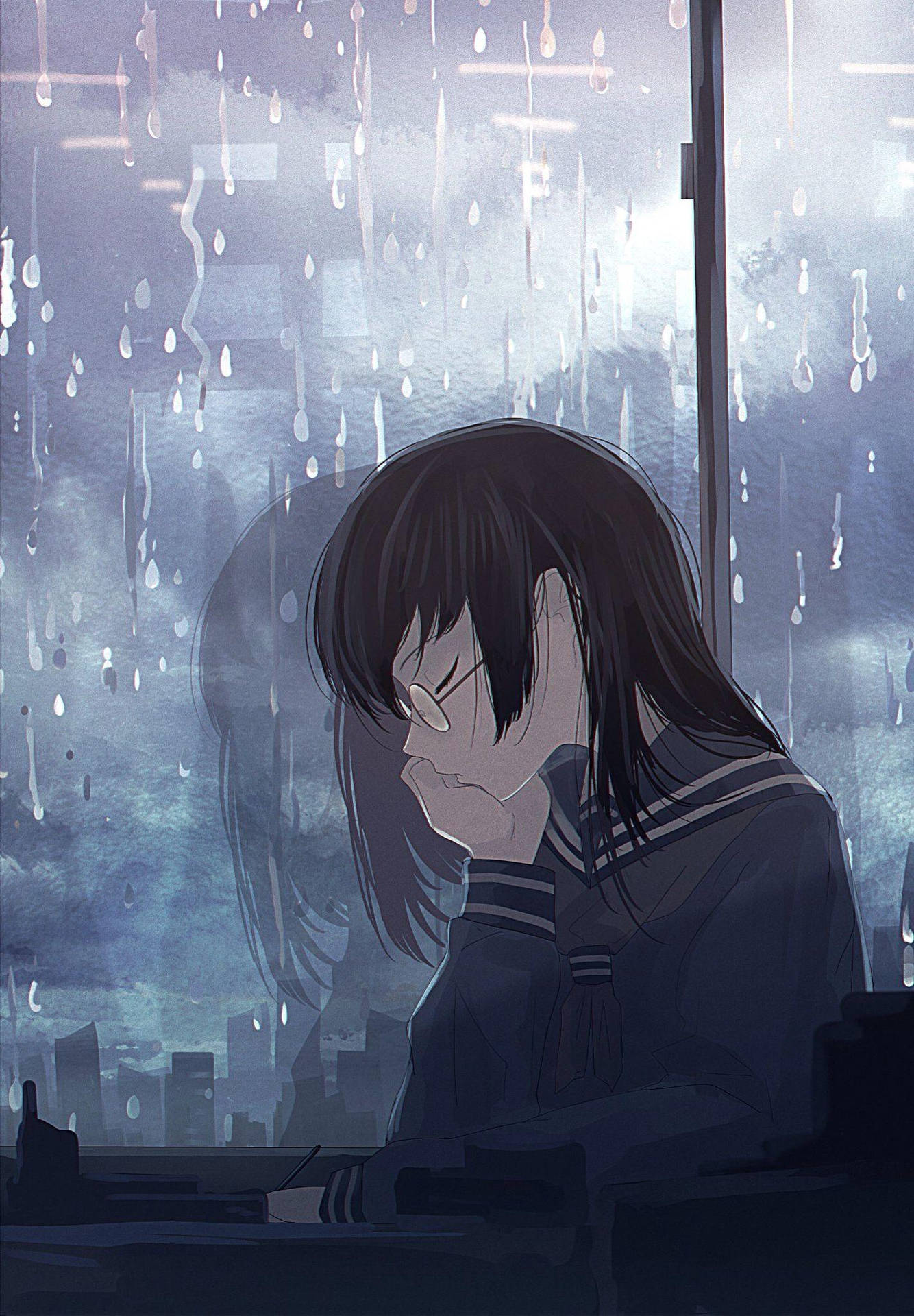 Anime Girl Sad Alone Sleeping Rainy Night Background