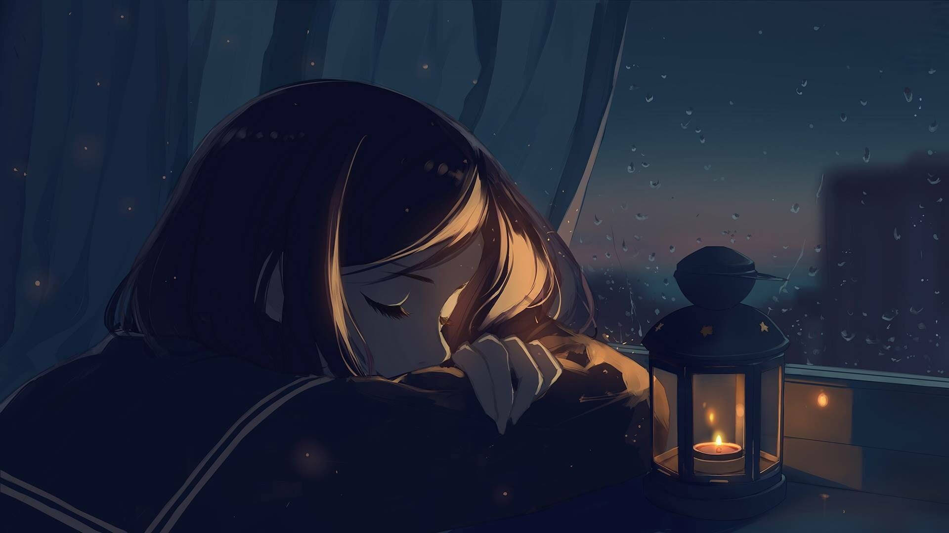 Anime Girl Sad Alone Sleeping With Lantern