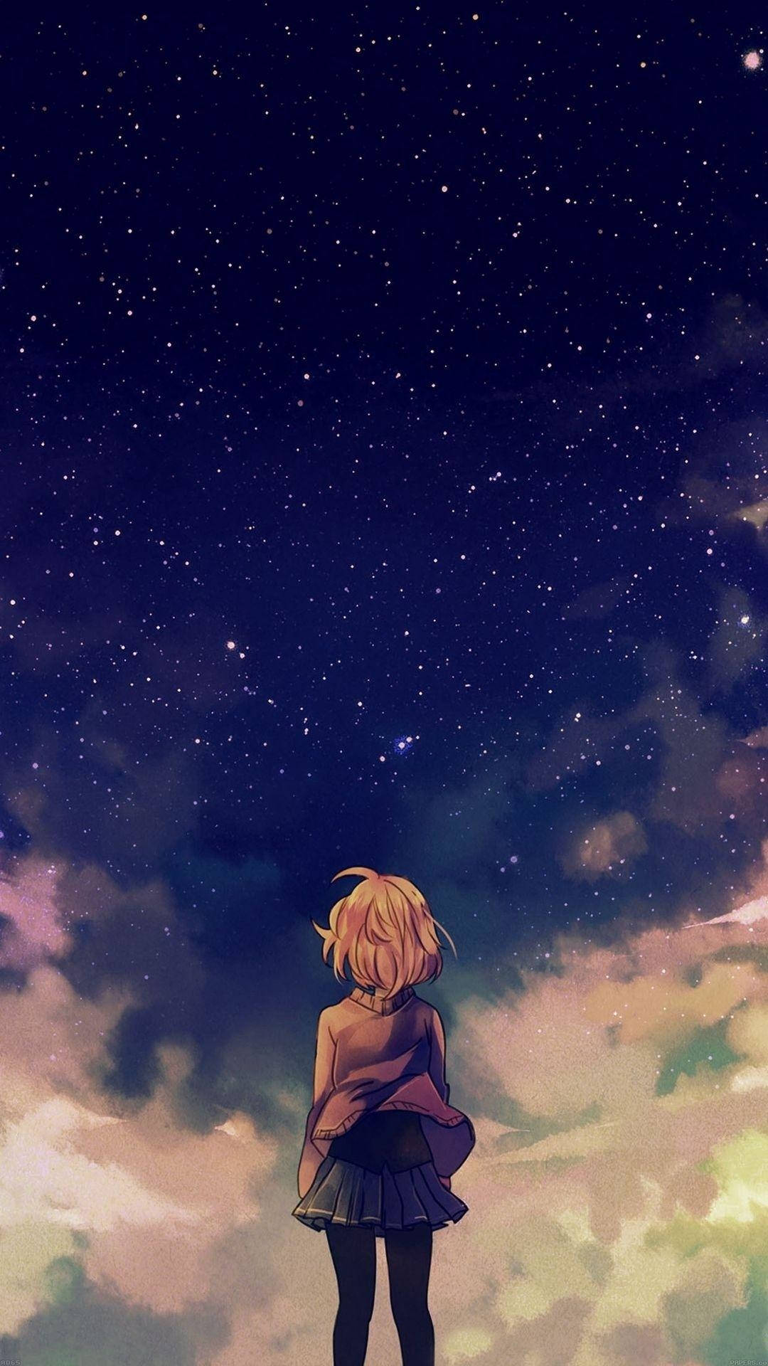 Anime Girl Sad Alone Starry Sky Background