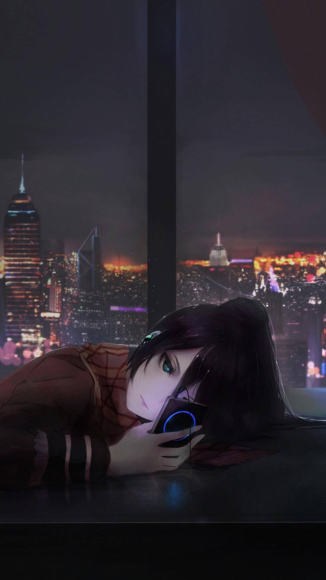 Anime Girl Sad Alone Using Phone On Desk Background