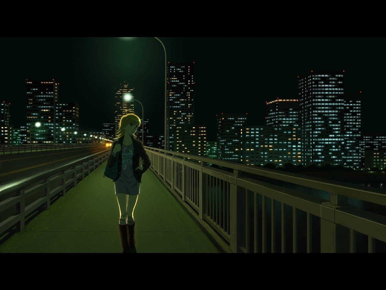Anime Girl Sad Alone Walking On Bridge Background