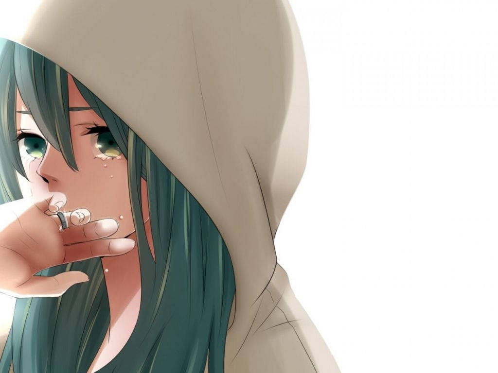 Anime Girl Sad Alone With White Hoodie Background