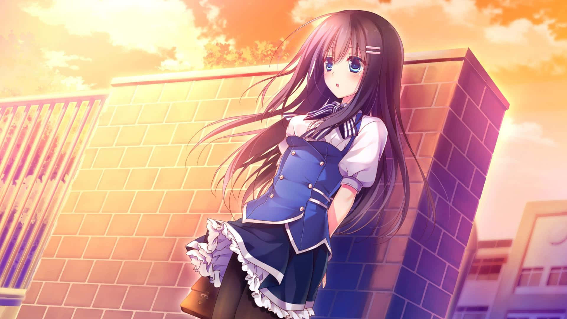 Anime Girl School Uniform Sunset Background