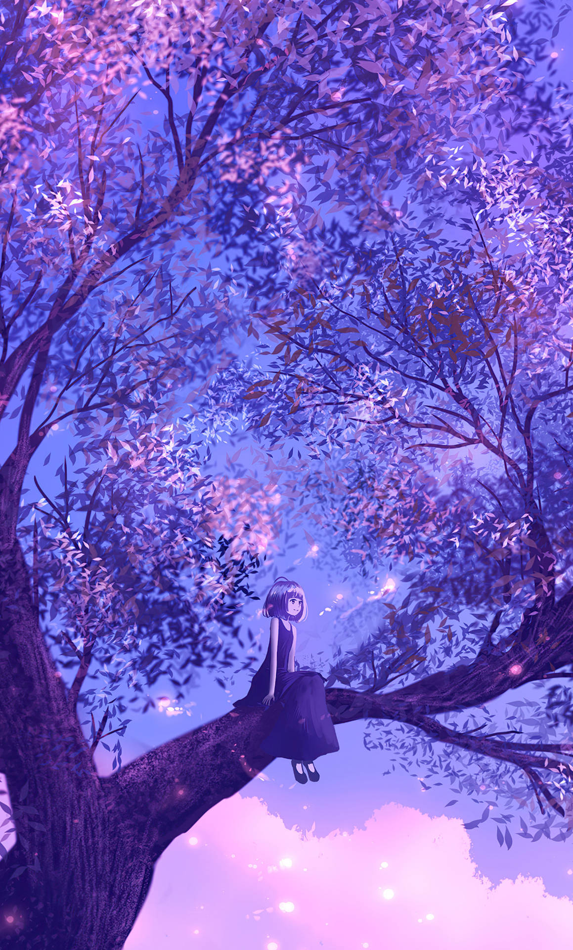 Anime Girl Sitting On Purple Tree Background