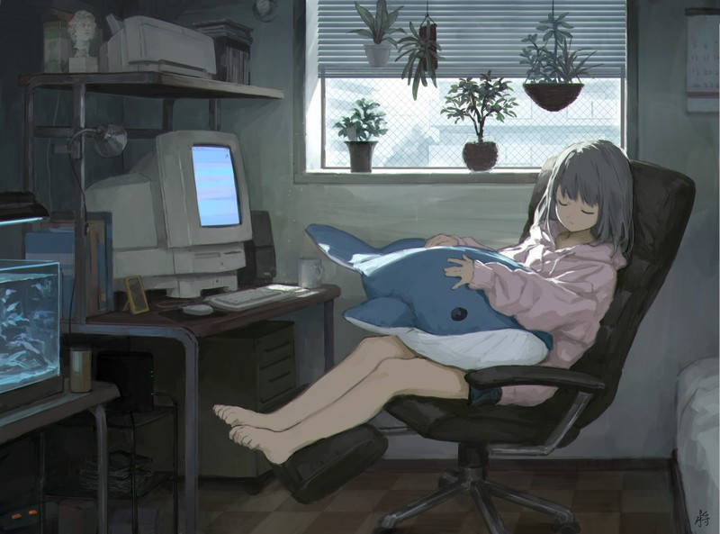 Anime Girl Sleeping In Front Of Laptop