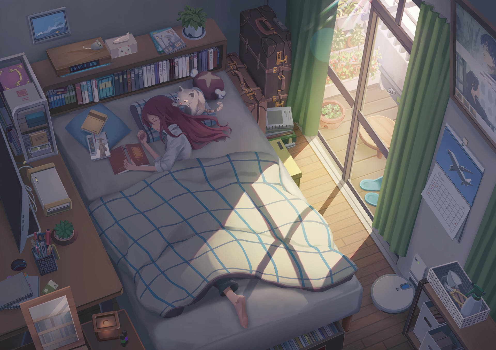 Anime Girl Sleeping In Her Bedroom Background