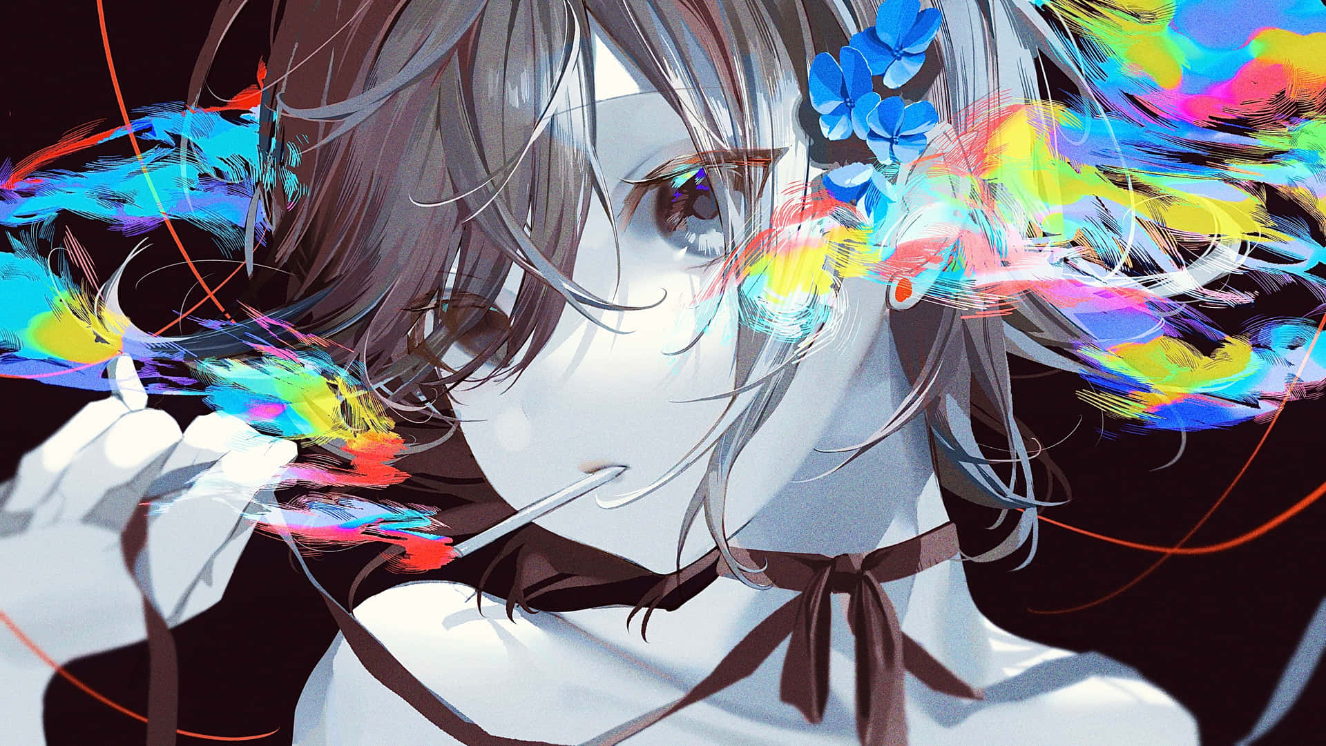 Anime Girl Smoking Rainbow Background