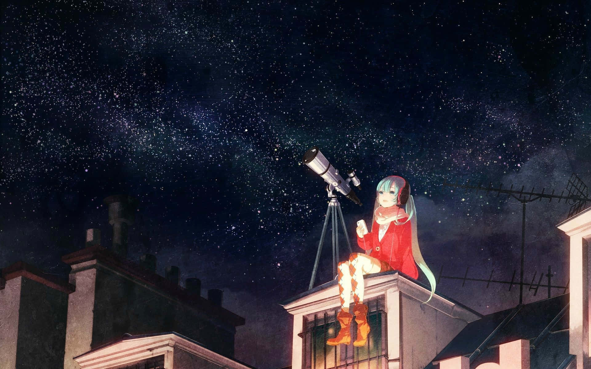 Anime Girl Stargazing On Roof Astronomy Background