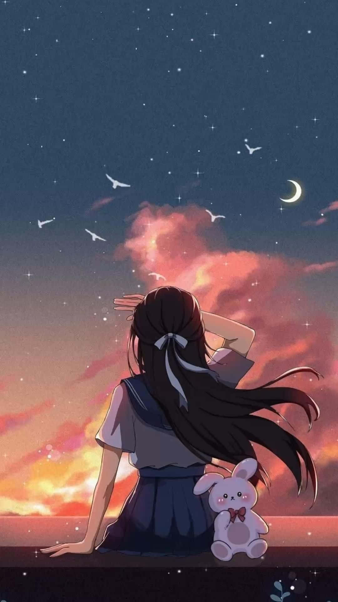 Anime Girl Stargazing With Plushie Background