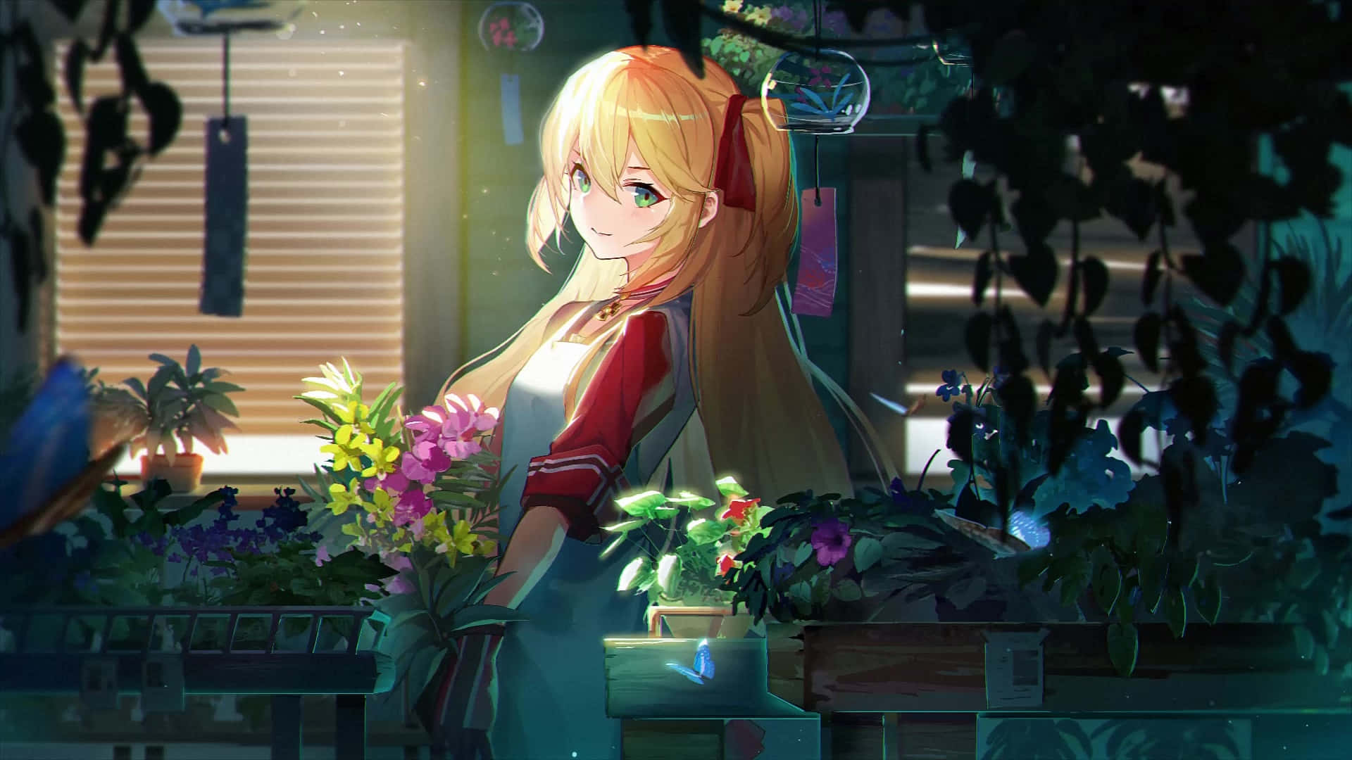 Anime Girl Surroundedby Plantsin Sunlit Room Background