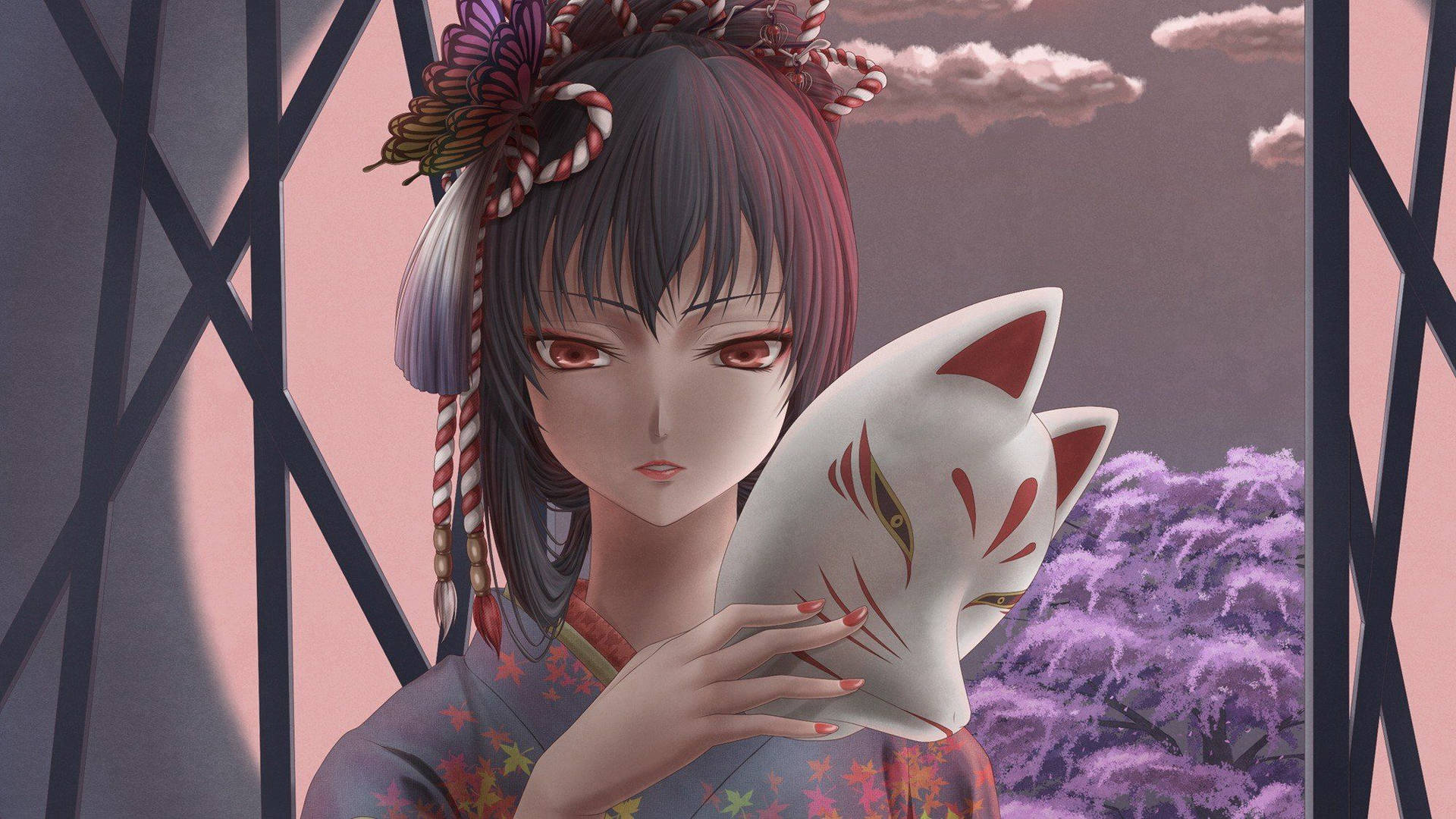 Anime Girl Taking Her Kitsune Mask Off Background