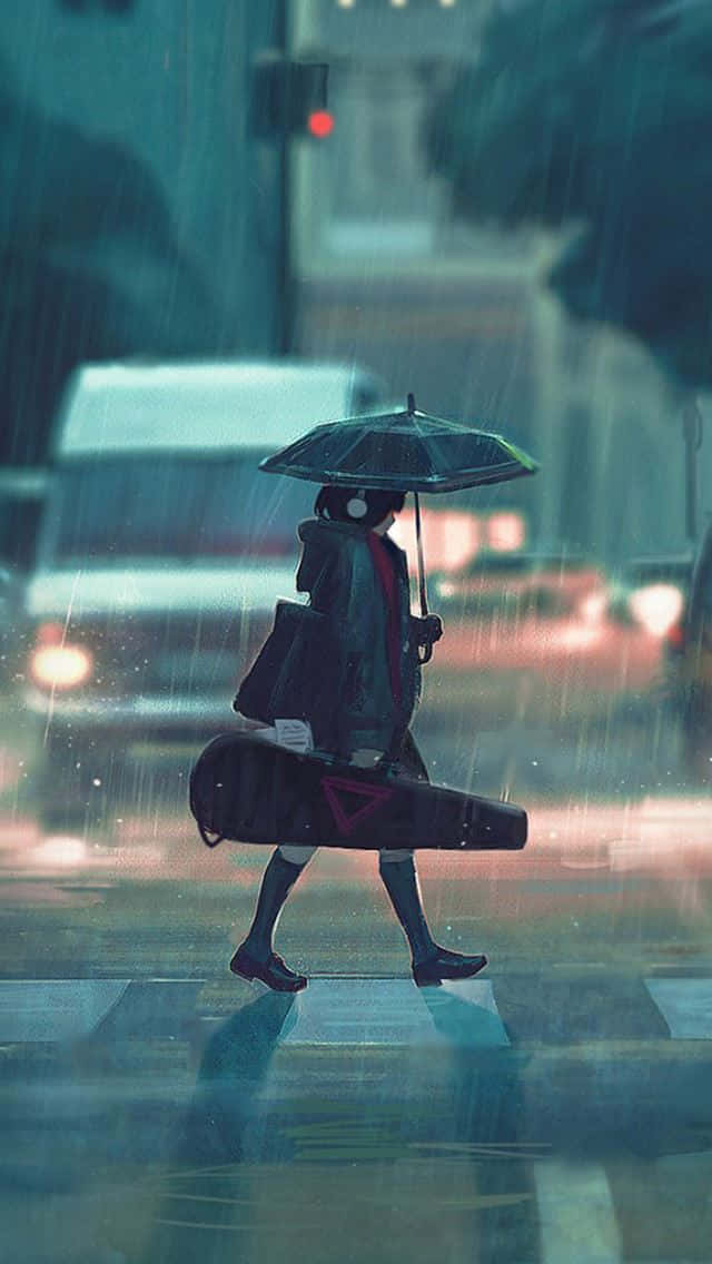 Anime Girl Walking In Rain For Girls Background