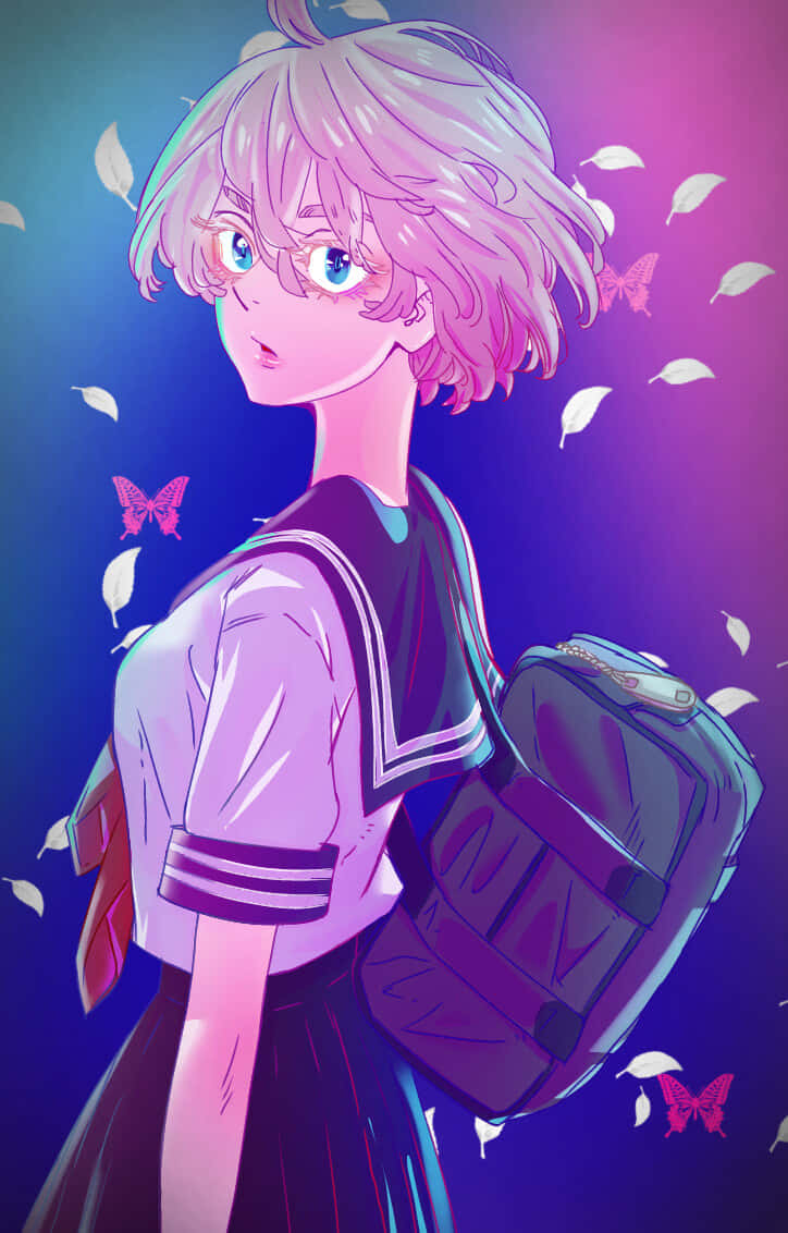 Anime Girl With Backpack And Butterflies Background