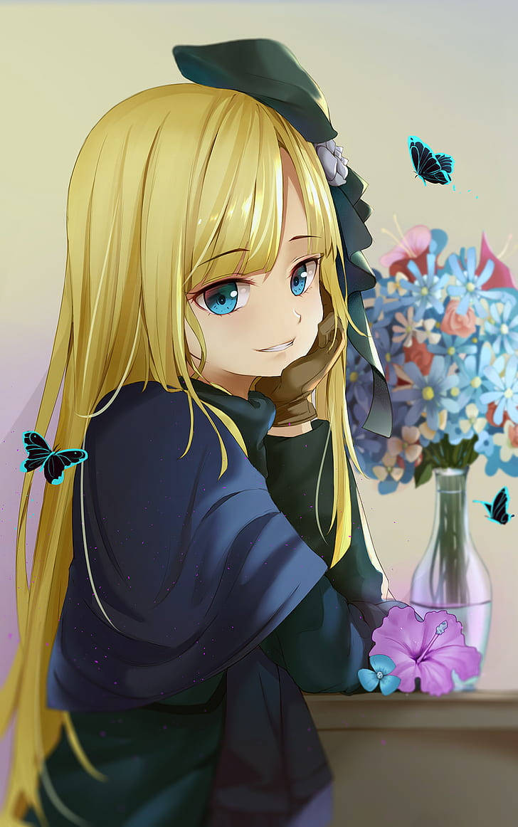 Anime Girl With Blue Flower Iphone Background