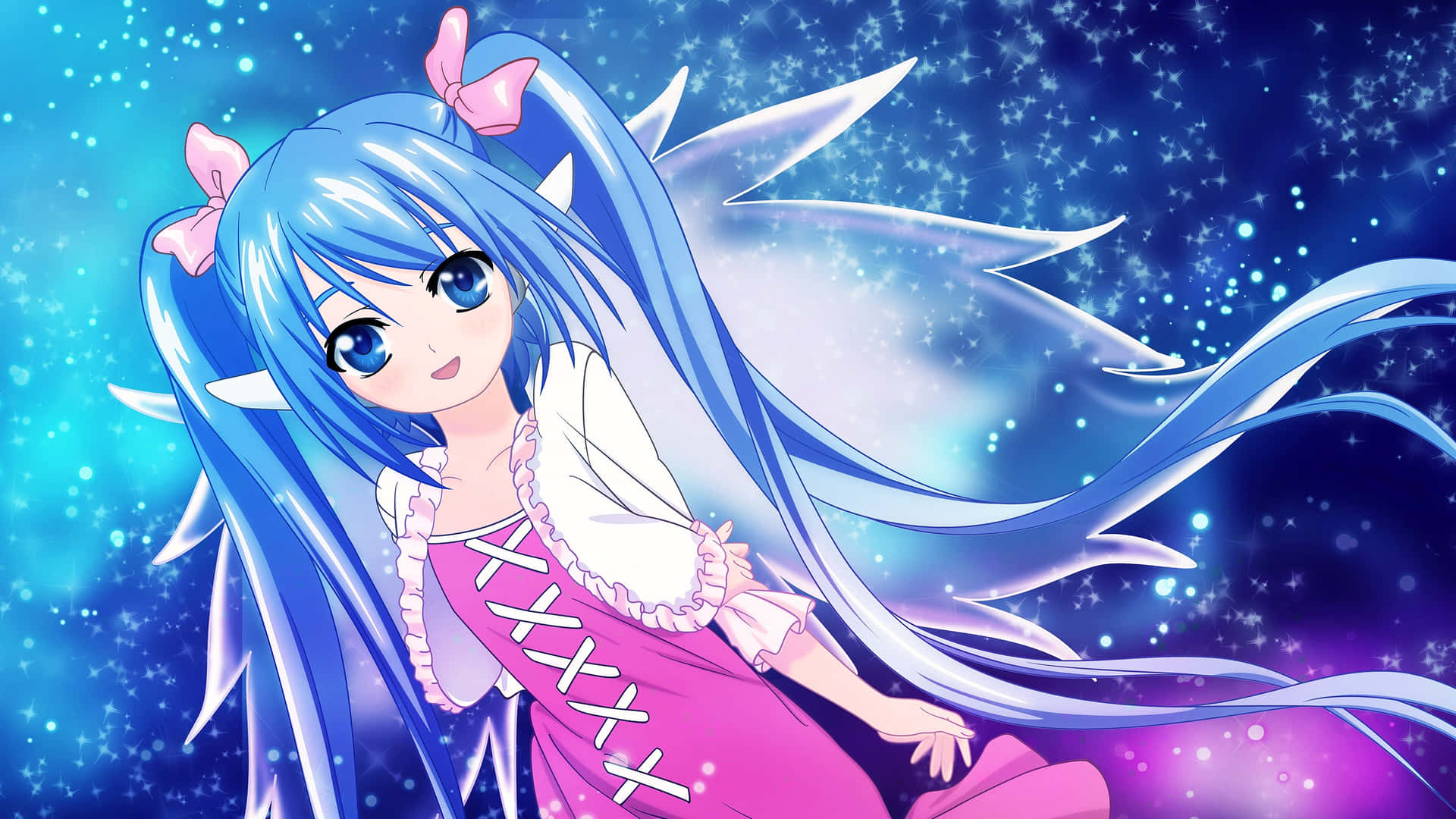 Anime Girl With Blue Hair And Pink Dress Background