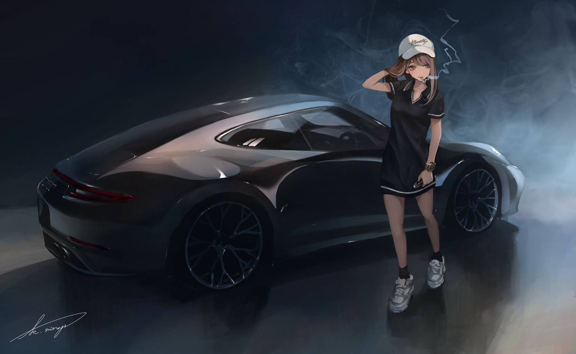 Anime Girl With Car Smoking Background