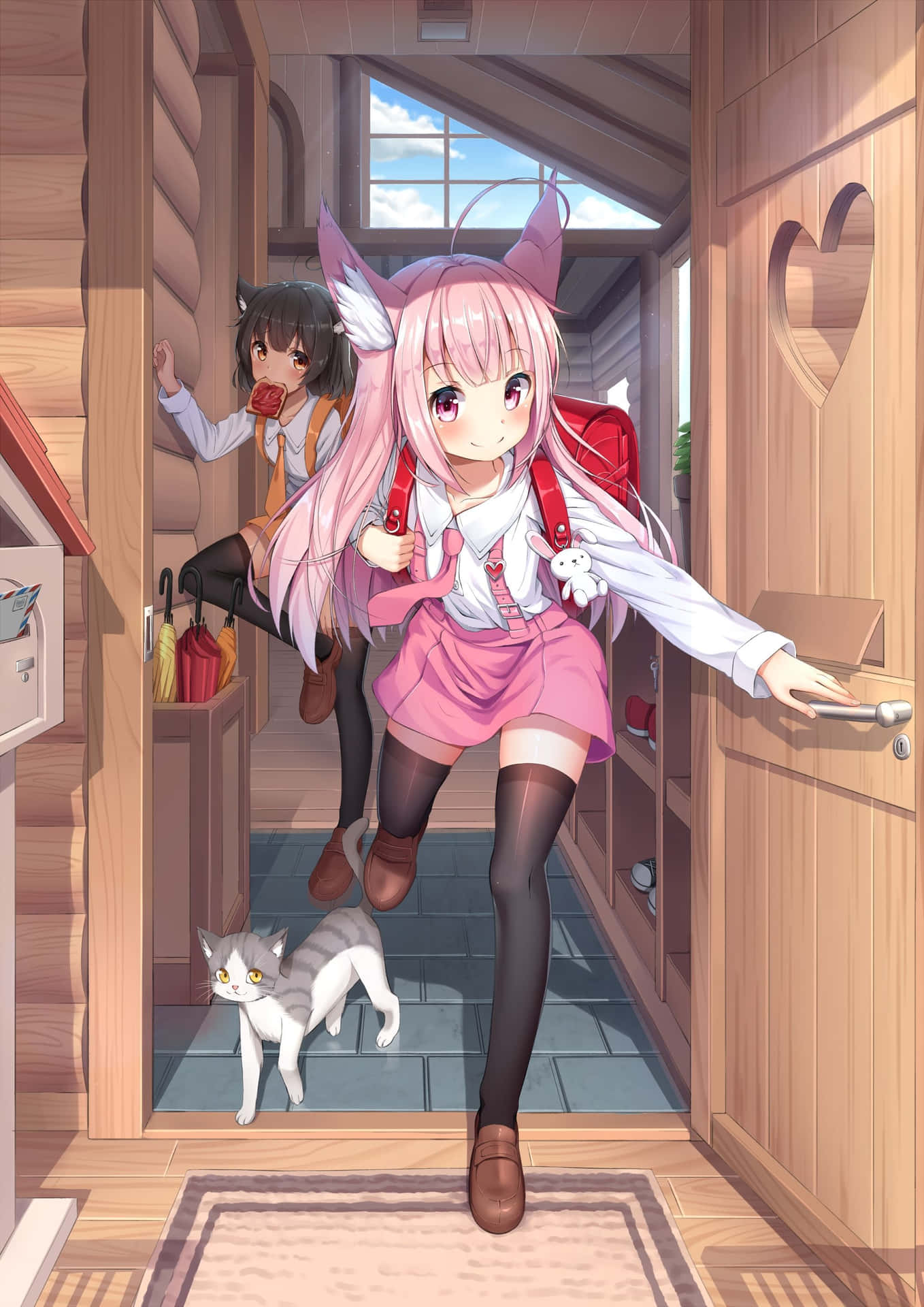 Anime Girl With Cat Ears Entering Home Background