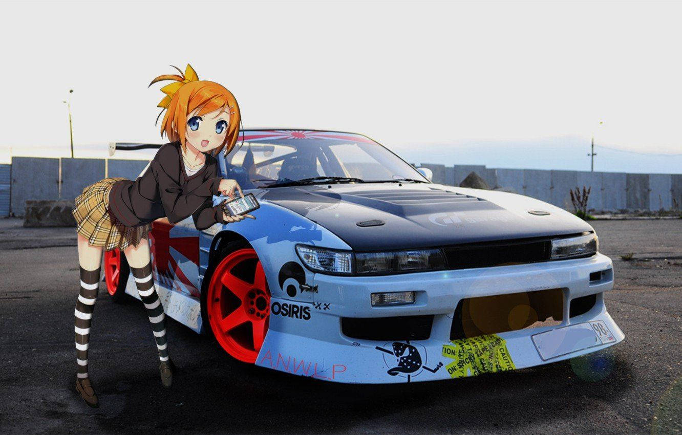 Anime Girl With Decorated Jdm Car Background