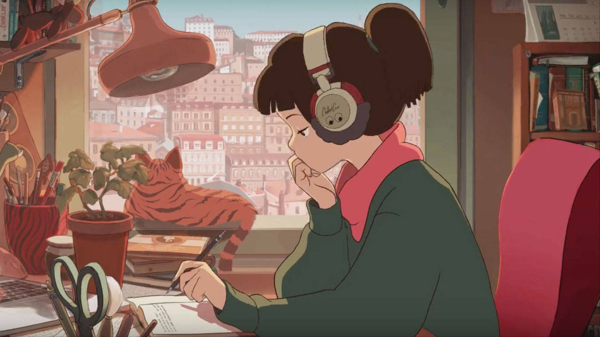 Anime Girl With Headphones Study Aesthetic Background