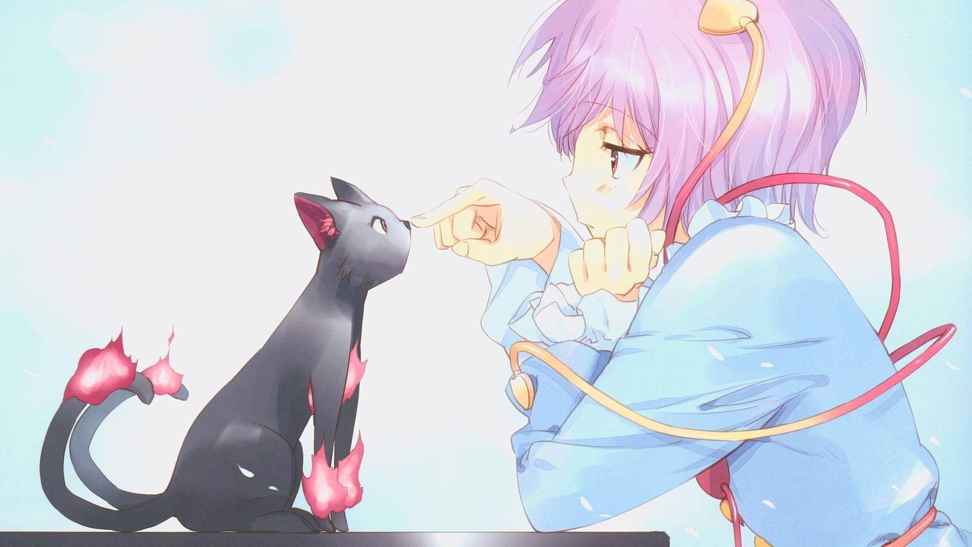 Anime Girl With Kawaii Cat Background