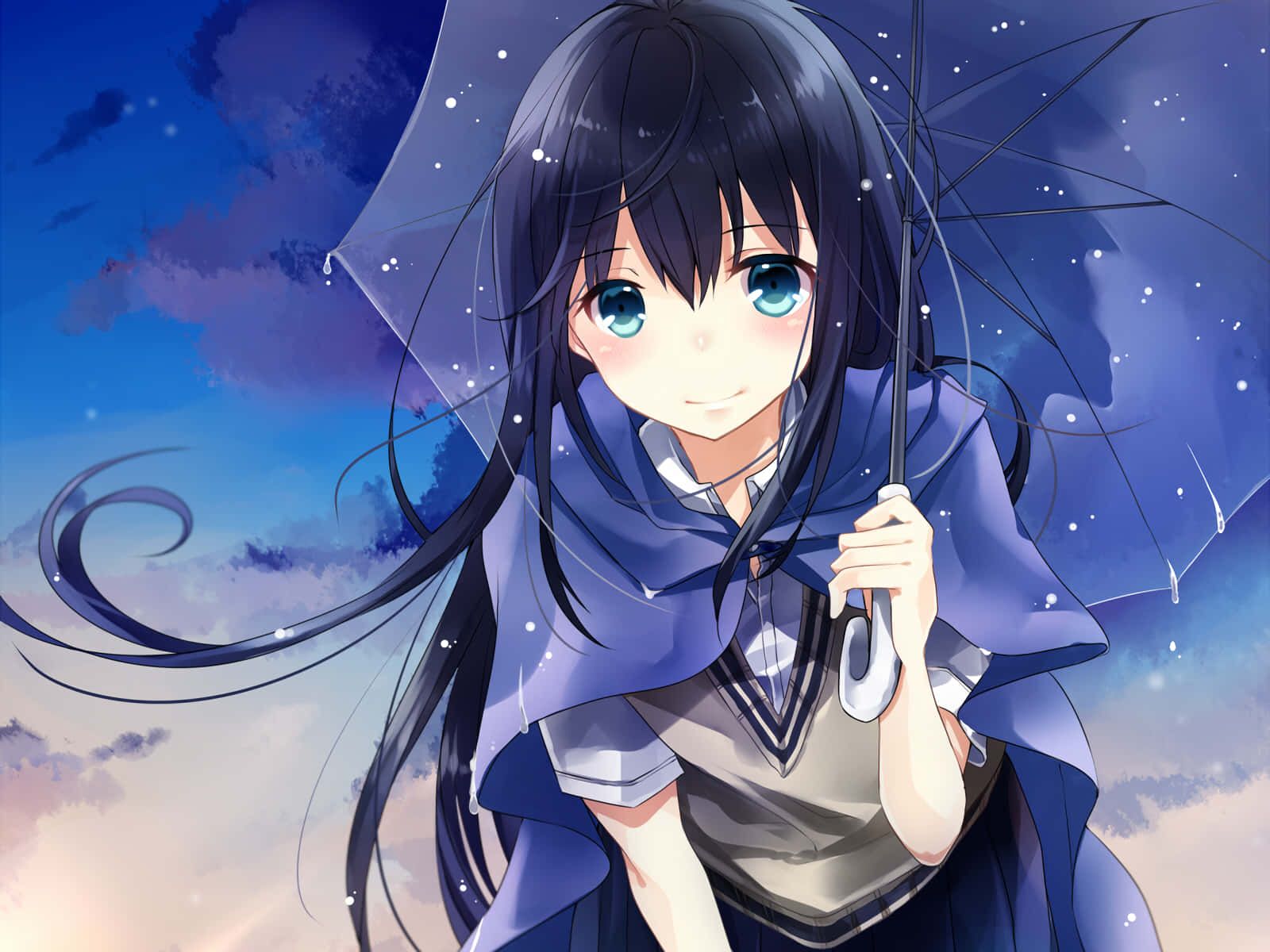 Anime Girl With Long Black Hair Standing With A Bright Smile Background