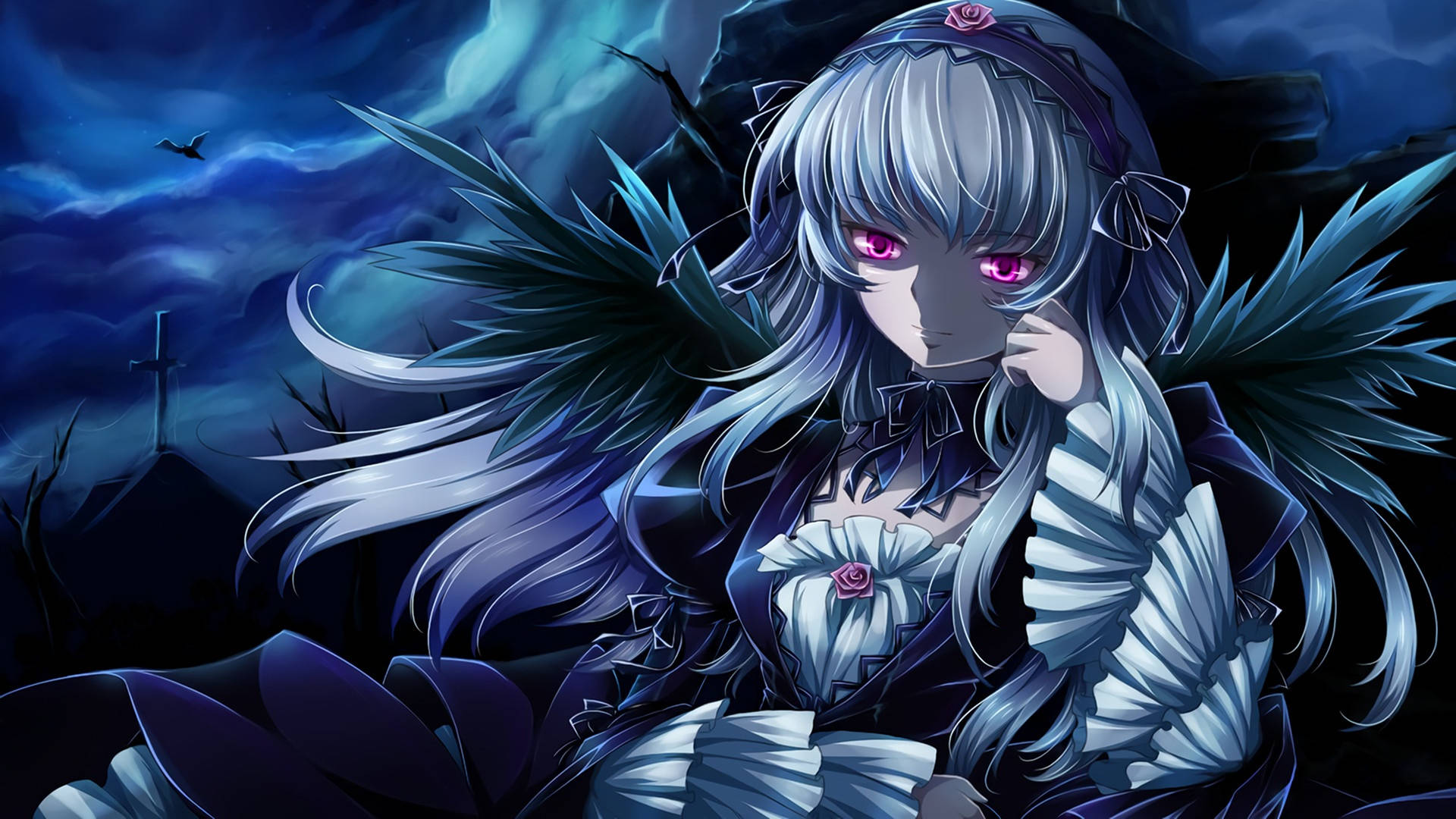 Anime Girl With Purple Eyes And Wings Background