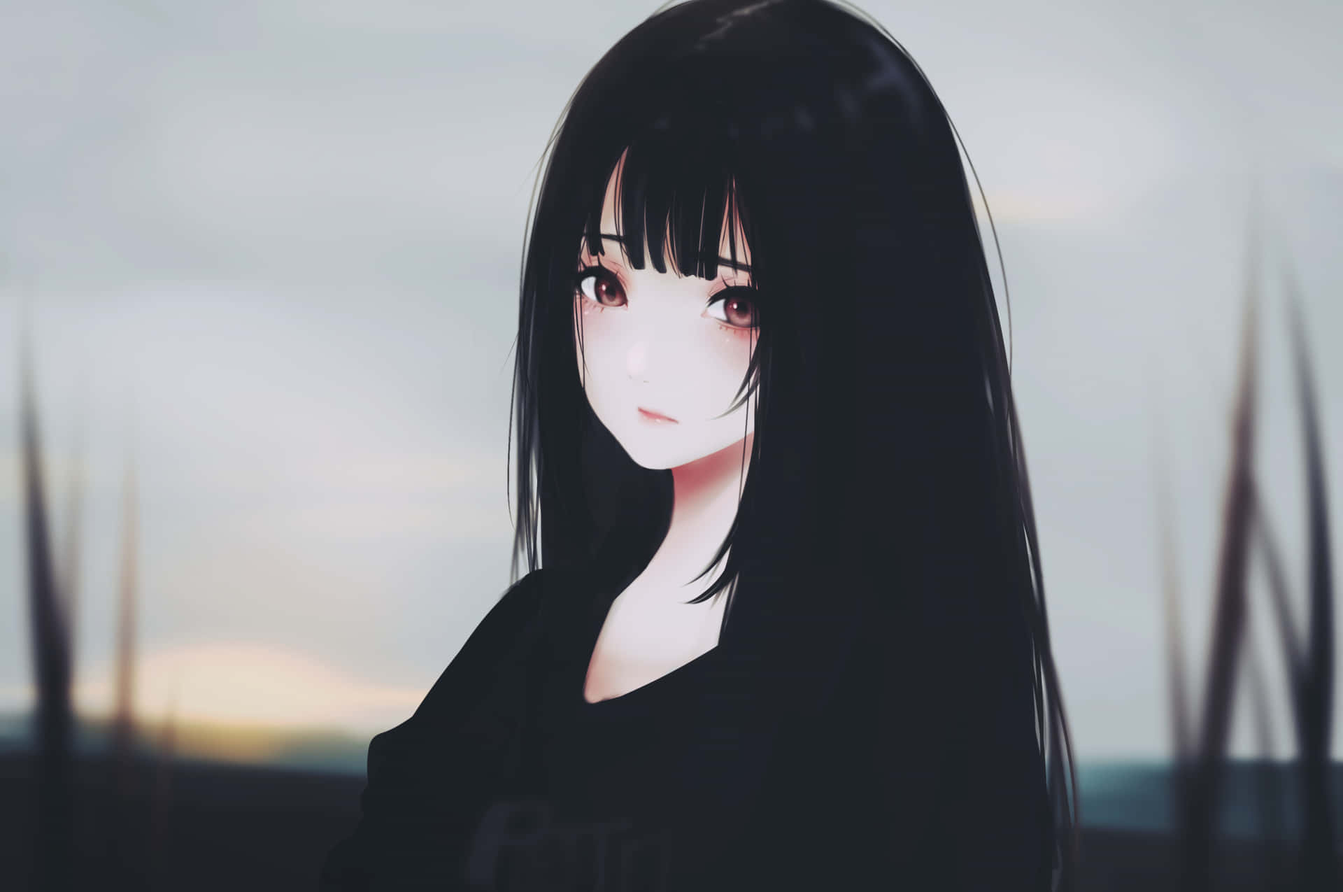 Anime Girl With Striking Black Hair Background