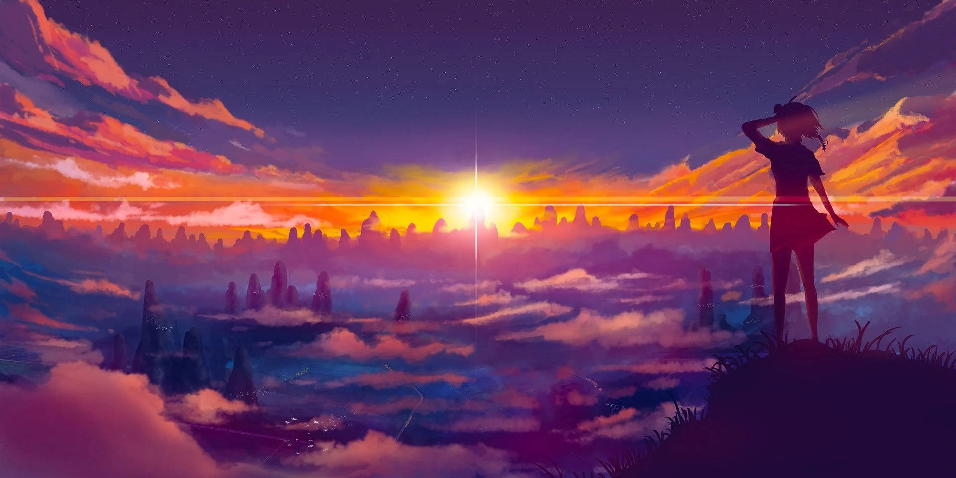 Anime Girl With Sunset Sky