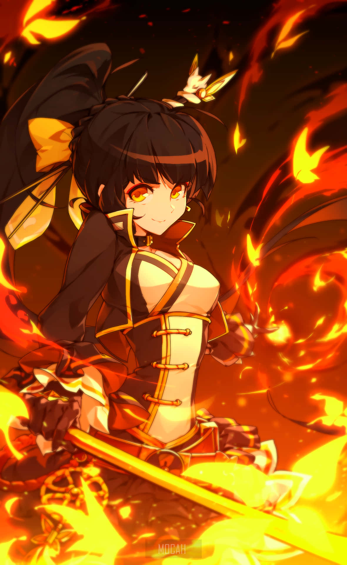 Anime Girl With Sword On Fire Background