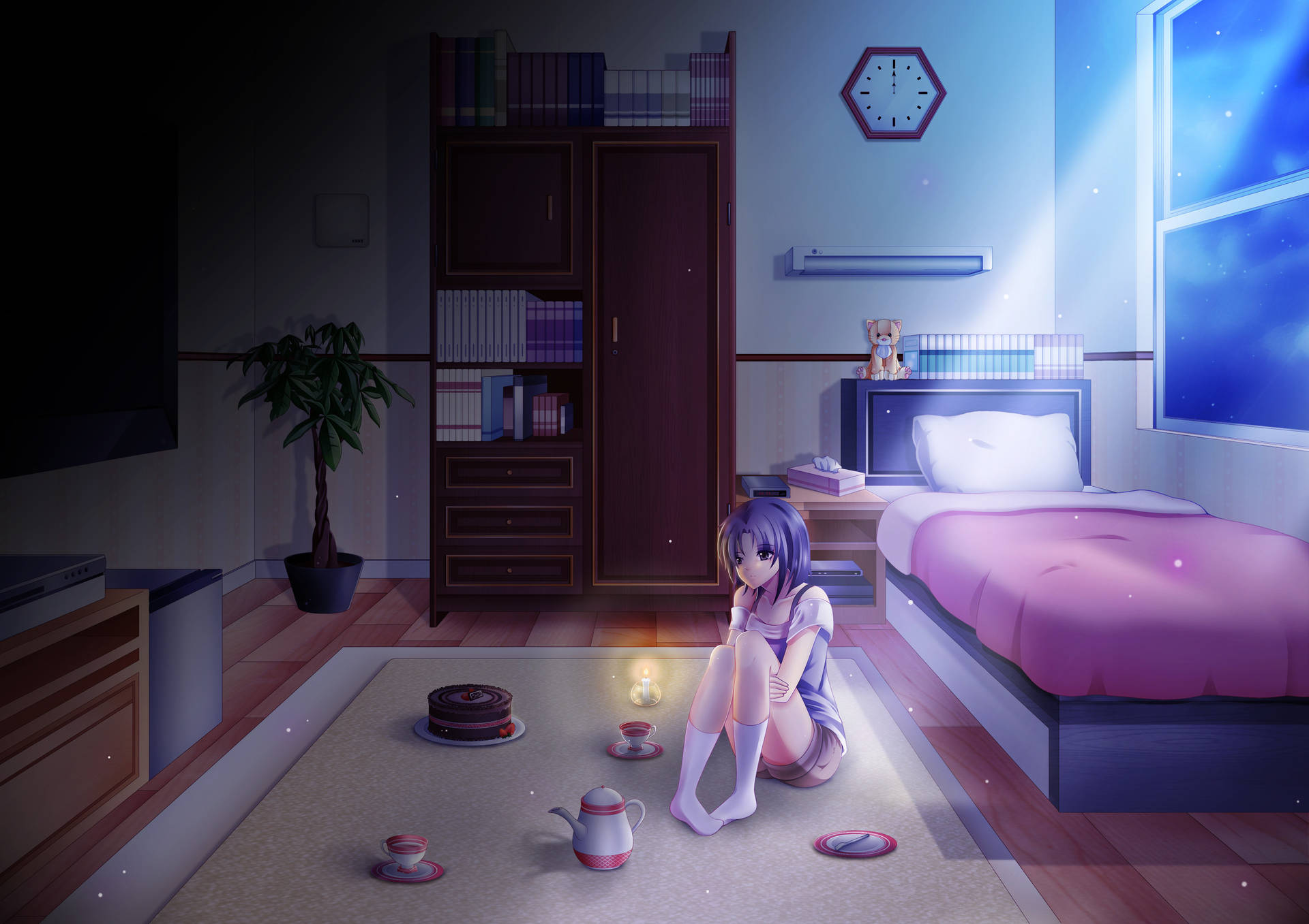 Anime Girl With Tea Cups In Bedroom Background