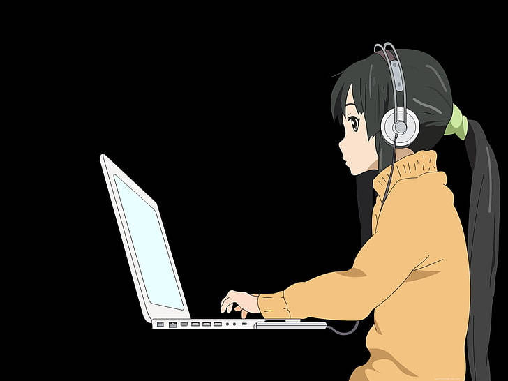 Anime Girl Working On White Slim Laptop Background