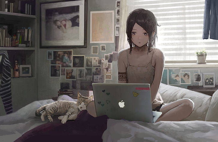 Anime Girl Working With Laptop On Bed Background